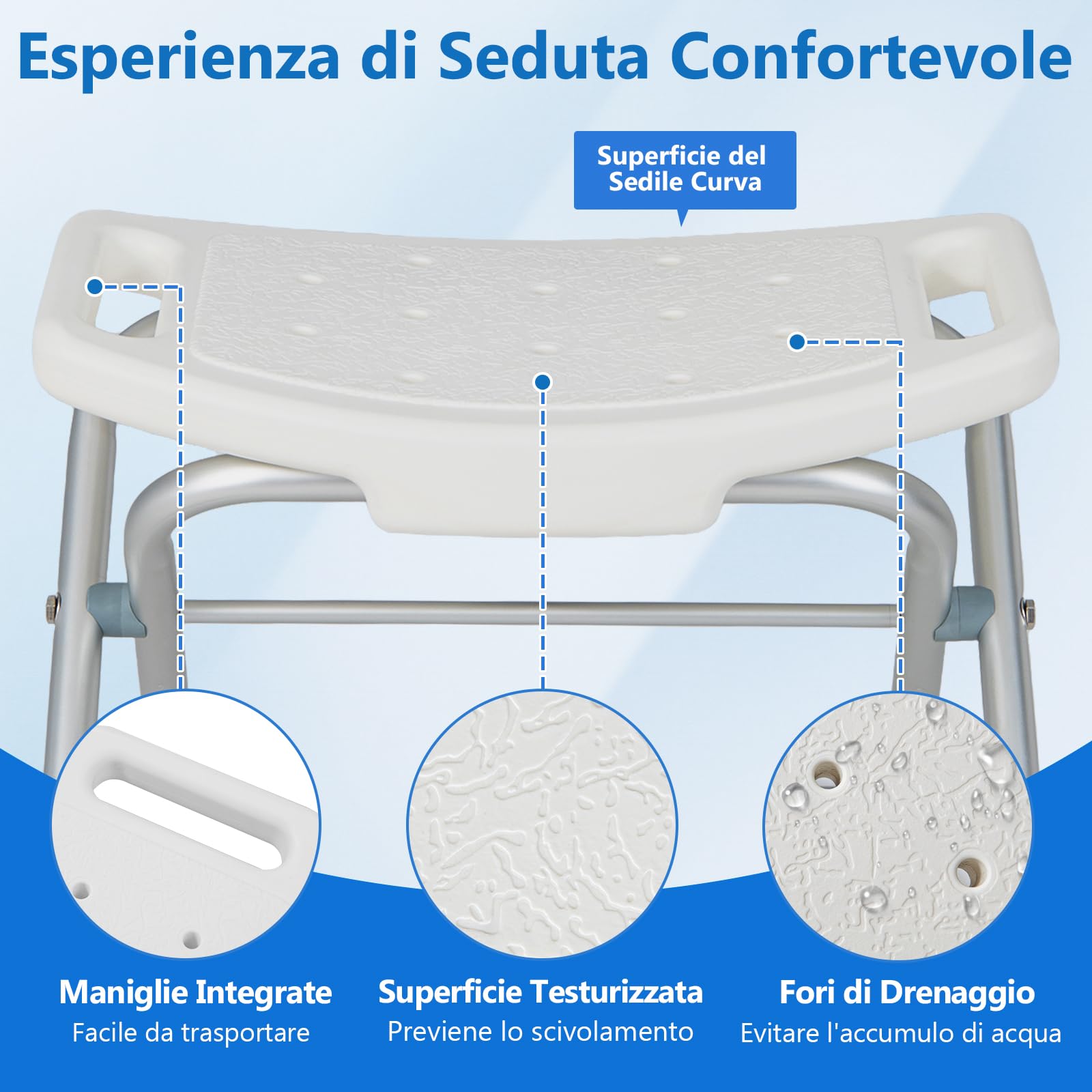 COSTWAY Sgabello per Doccia, Sedia per Doccia Pieghevole e Regolabile in Altezza a 3 Livelli con Maniglie, Leggero, per Anziani e Persone a Mobilità Ridotta, Portata 150 kg (Bianco)