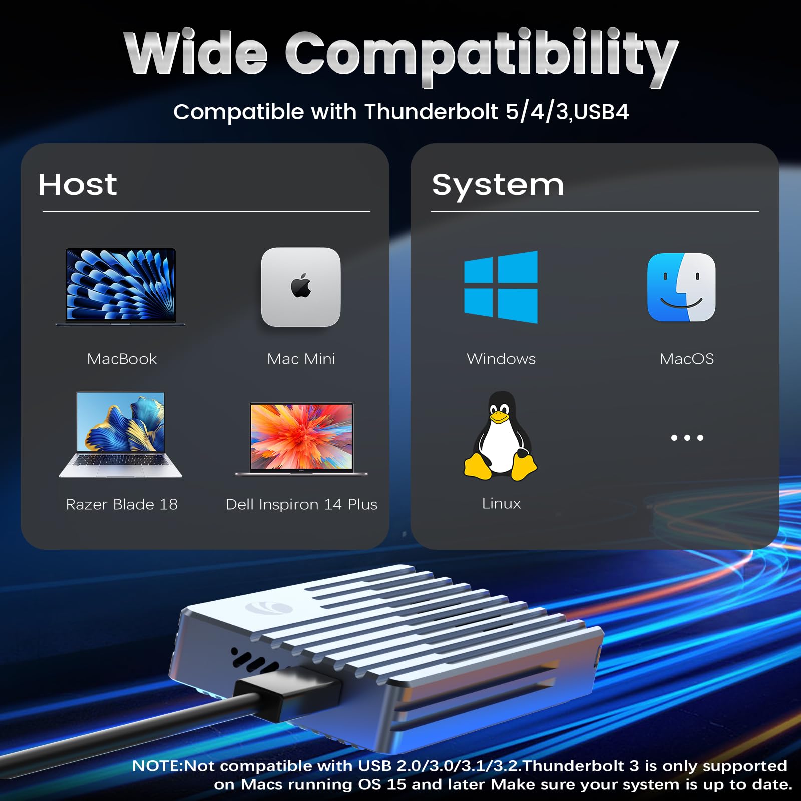 VCOM Carcasa SSD M.2 NVMe de 80 Gbps, compatible con Thunderbolt 5/4/USB4 V2.0, carcasa NVMe con ventilador de refrigeración, tamaño M.2 2280 M&B+M-Key, funda SSD externa de alta velocidad para