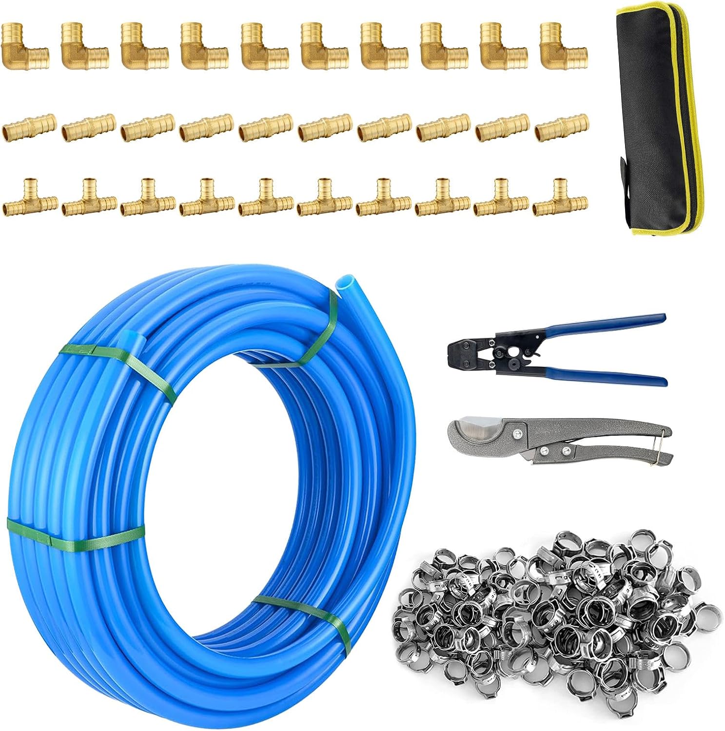 3/4 Inch-100 ft Foskan White PEX-B Pipe,Water Tubing with a Pipe Cutter,24 Pcs Pex Crimp Brass Fittings & 50 Pcs Clamp rings