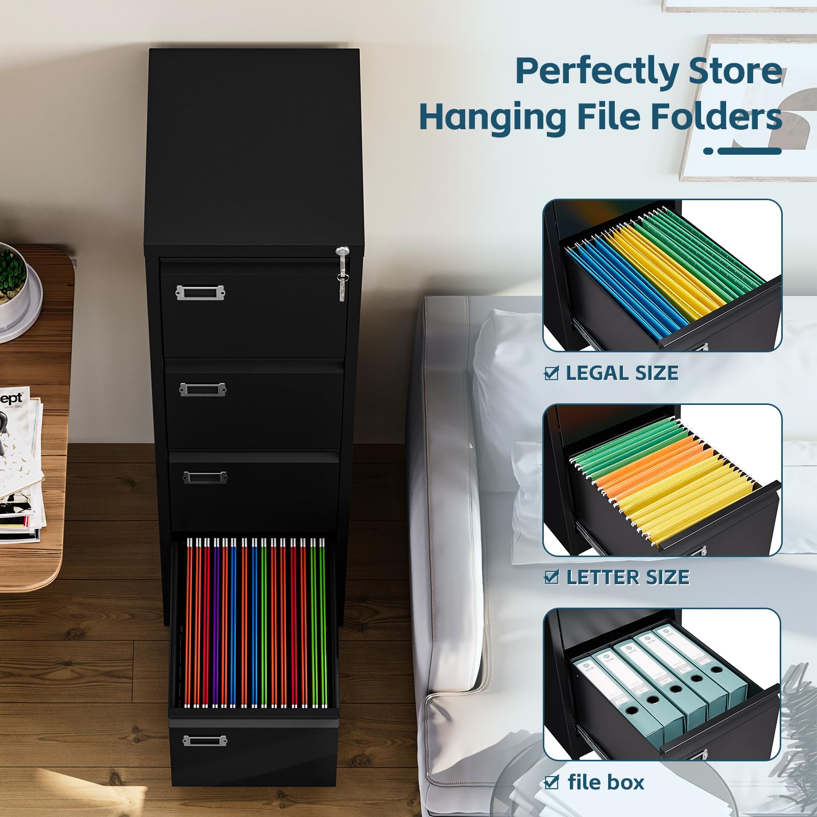 MIIKO 4 Drawer Filing Cabinets with Lock, Metal File Cabinet with 4 Drawers, Home Office File Folders Cabinet for Letter Legal A4 File Size