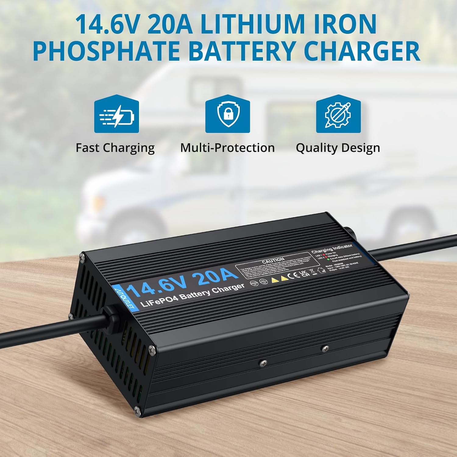 AUTOUTLET 14.6V 20A LiFePO4 Battery Charger - Aluminium Alloy Casing with New 50A Anderson Connector, LED Indicator, Fuse, Cooling Fan, Fast Charging Lithium Battery Charger for Car, Truck, Boat, RV