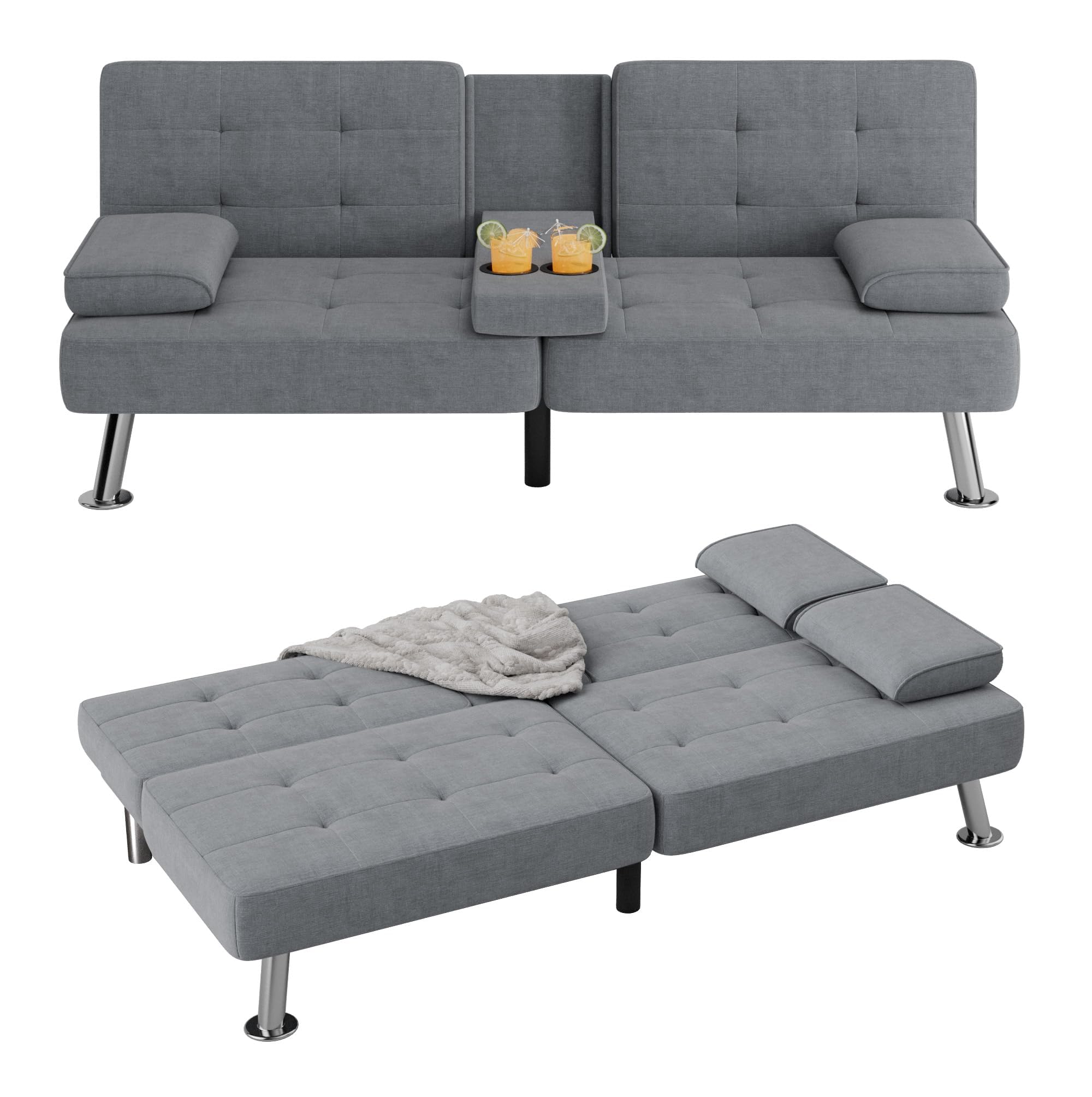 Flamaker Futon Sofa Bed Modern Folding Futon Set Linen Fabric Convertible Recliner Lounge for Living Room with 2 Cup Holders, Removable Armrests (