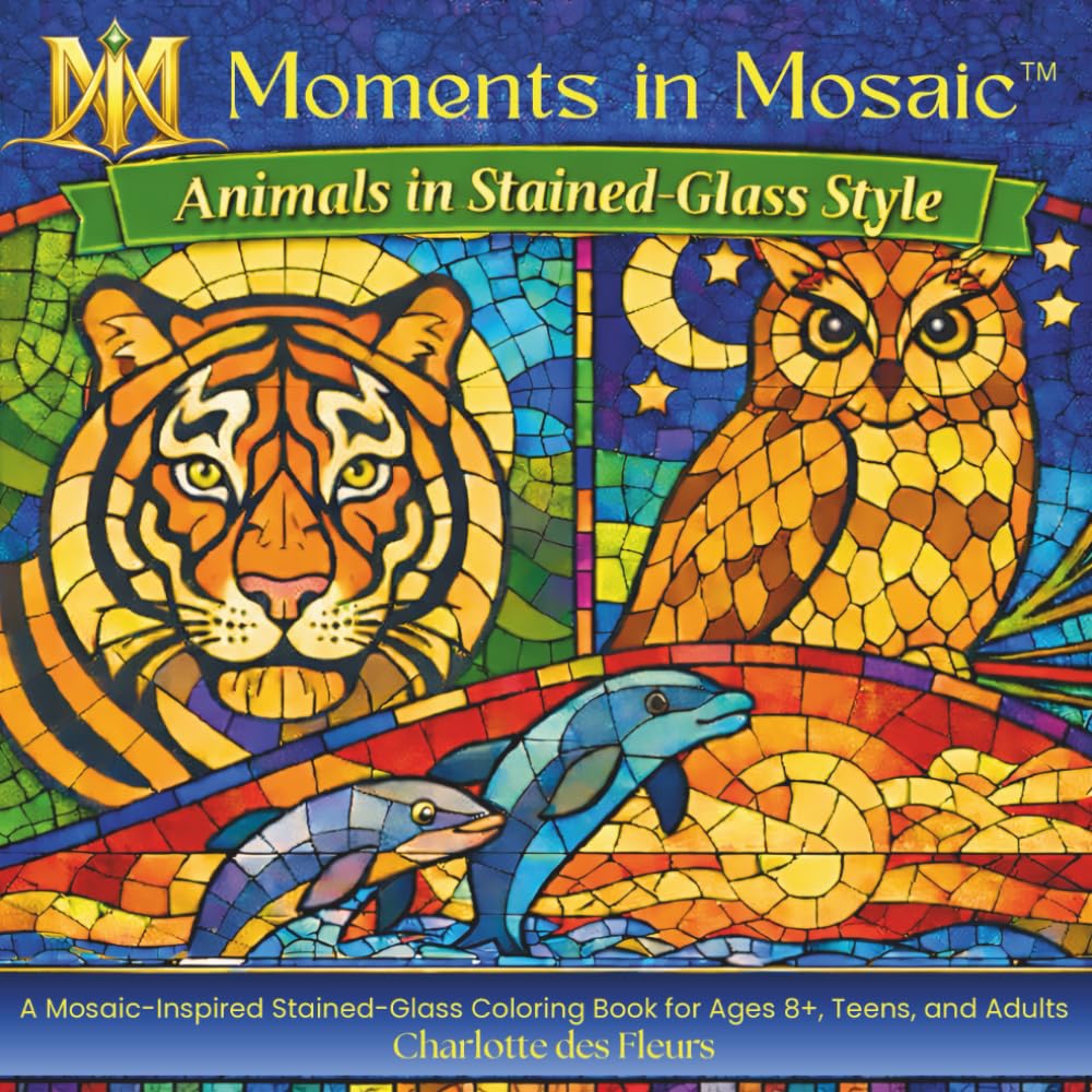 MOMENTS IN MOSAIC: Animals in Stained-Glass Style: A Mosaic-Inspired Coloring Book for Ages 8+, Teens, and Adults
