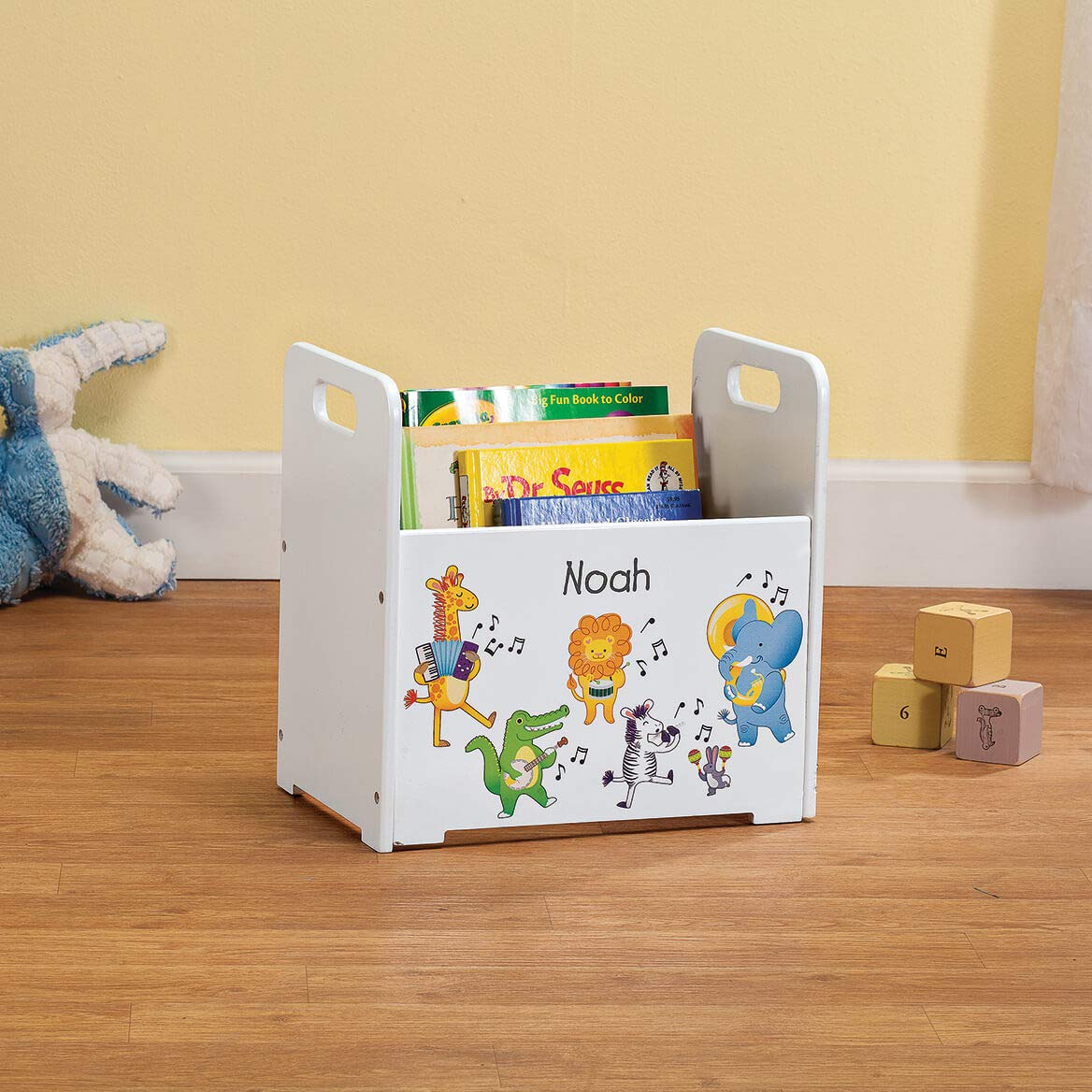 Fox Valley Traders Custom Kids Wooden Book Caddy, Customized Children’s Book Storage Bin, Musical Animals Design