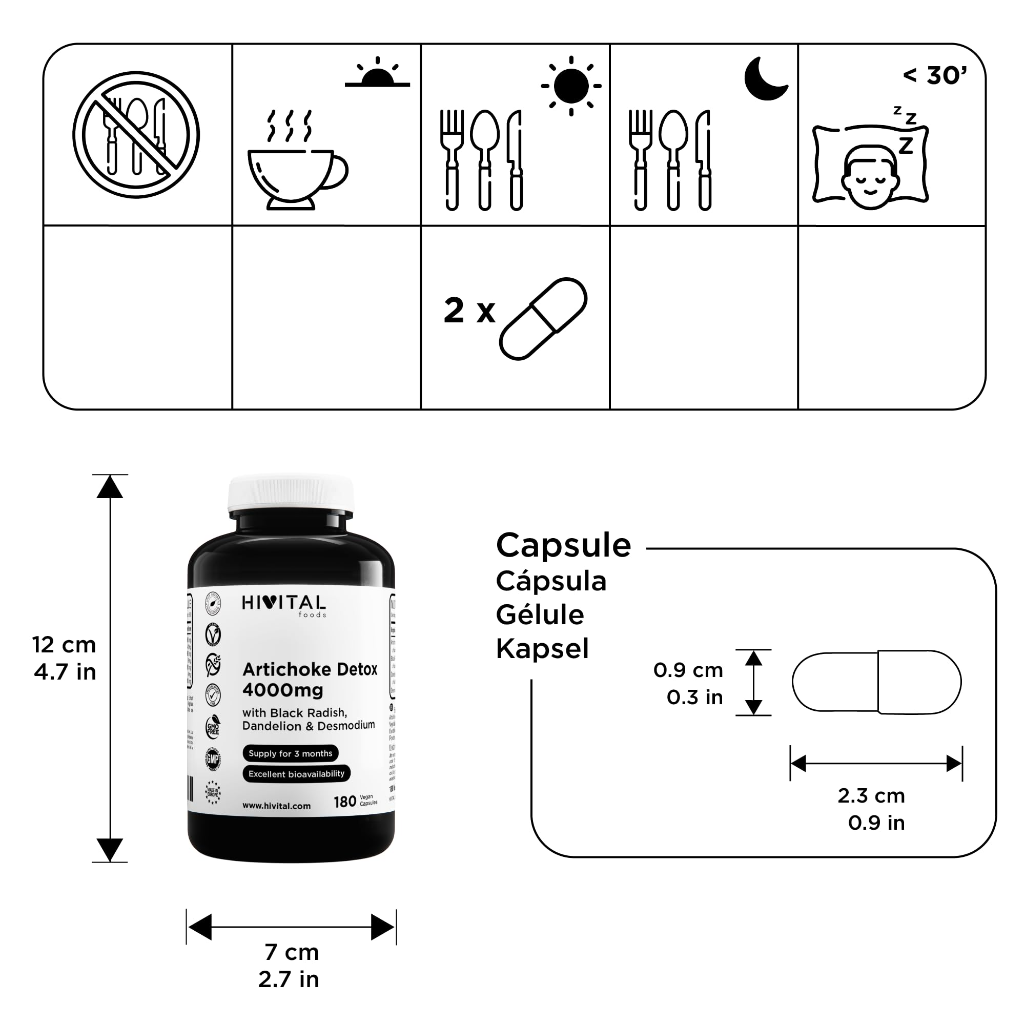 Artichaut Detox 4000 mg. 180 gélules végétaliennes pour 3 mois de traitement. A base d'Artichaut, de Radis Noir, de Pissenlit et de Desmodium. Fabriqué en Europe par HIVITAL