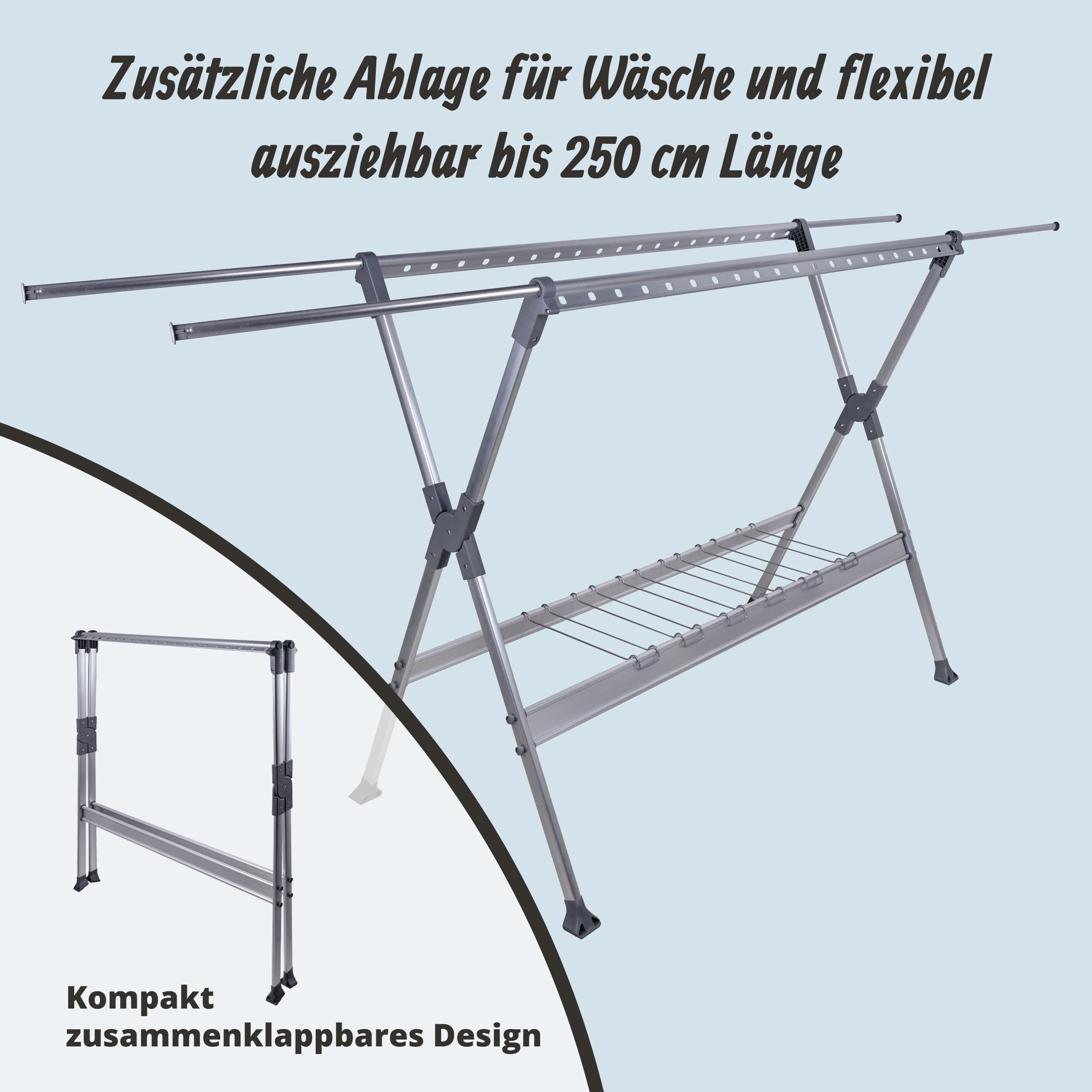 Relaxdays Wäscheständer, ausziehbar, klappbar, Silber | HxBxT: 126,5 x 150-250 x 76 cm, für Kleiderbügel, Trockenständer