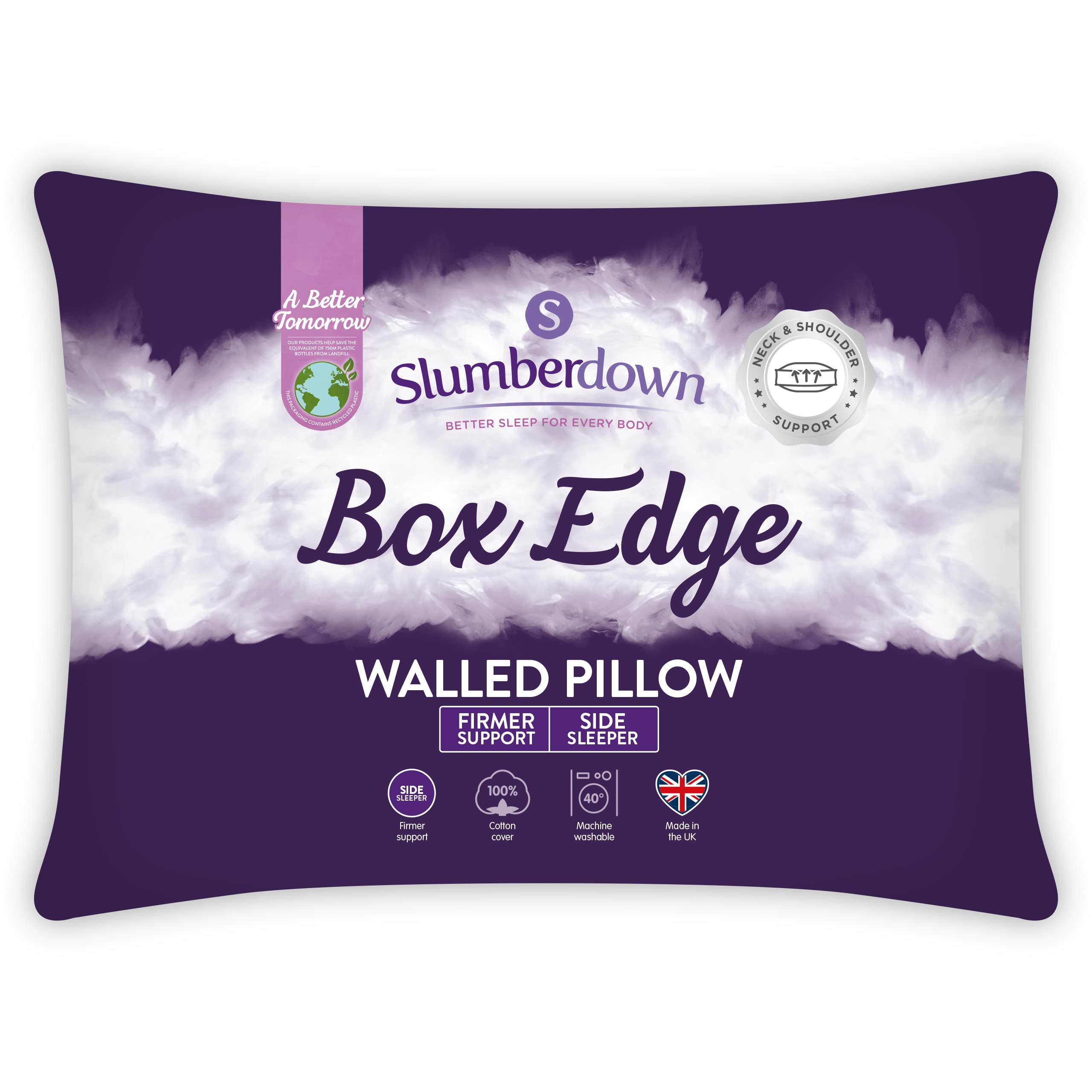 Slumberdown White Box Edge Luxury Pillow - Firm Box Wall Support Pillows For Back & Side Sleepers | Breathable & Non-Allergenic 100% Cotton Cover, Uk-Made & Washable (38 X 64Cm)