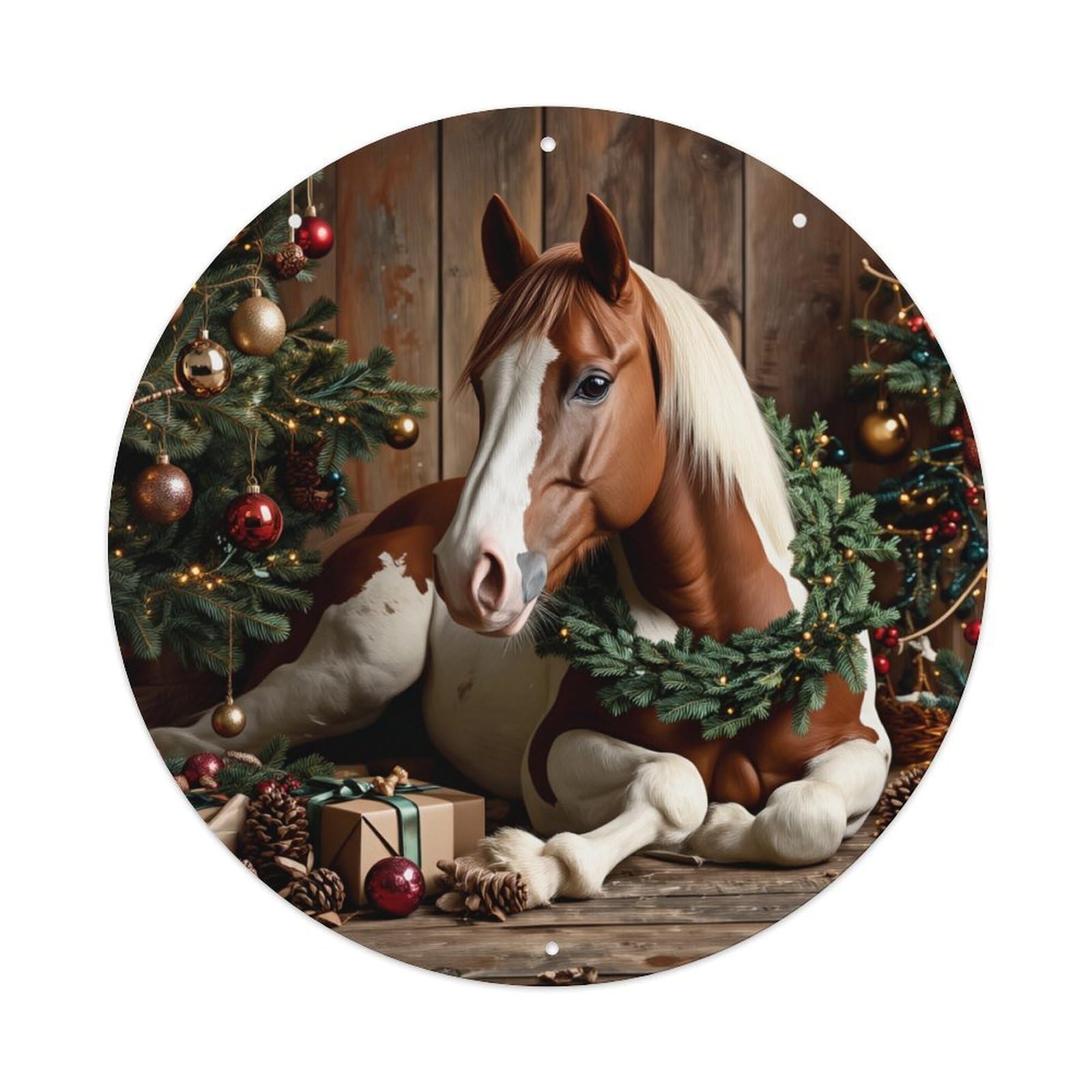 Christmas Horse Wreath Decorations Retro Metal Sign Round Tin Sign, Vintage Decor Art Poster for Bar, Home, Man Cave, Kitchen, Laundry Room Gift 8x8Inch