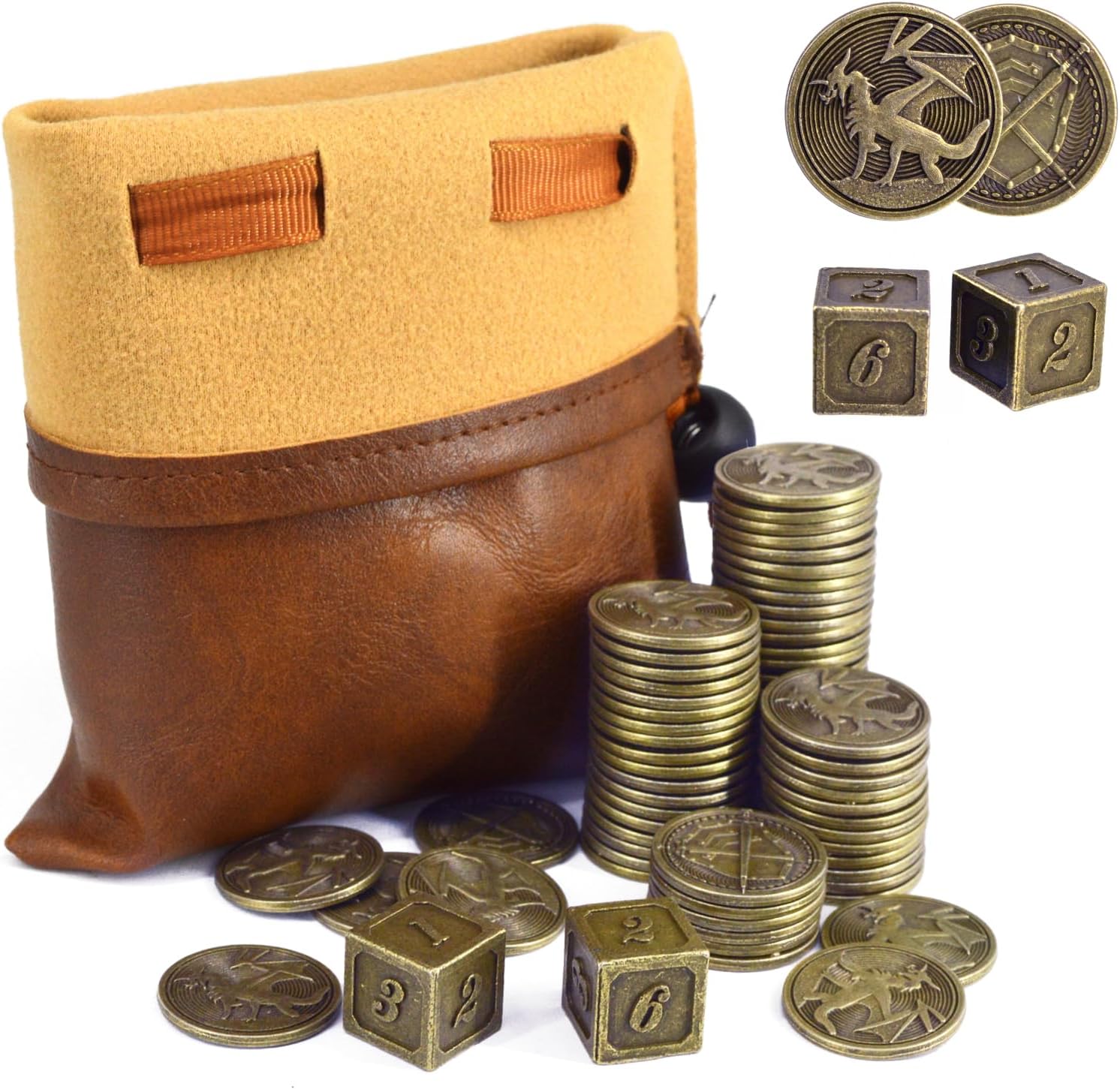 Vintage Tabletop Role-Playing Game Metal Coins, Dice and Storage Bag— Includes 100 Dragon-Themed Coins, 2 Dice (Featuring Dragon and Sword/Shield Designs) Metal Tokens for TTRPG