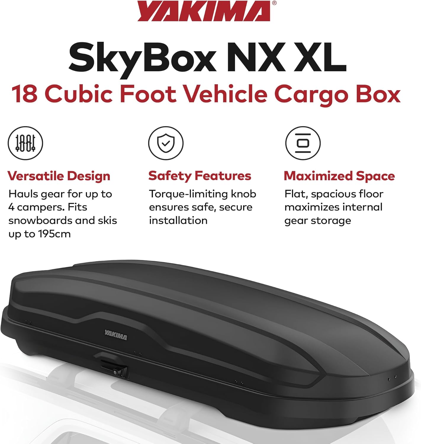 Yakima SkyBox NX 18 Roof Top Cargo Carrier, 18 Cubic Feet, Black – Vehicle Rooftop Hard Shell Travel Storage Box with Dual Sided Opening, SKS Locks and Universal Mounting