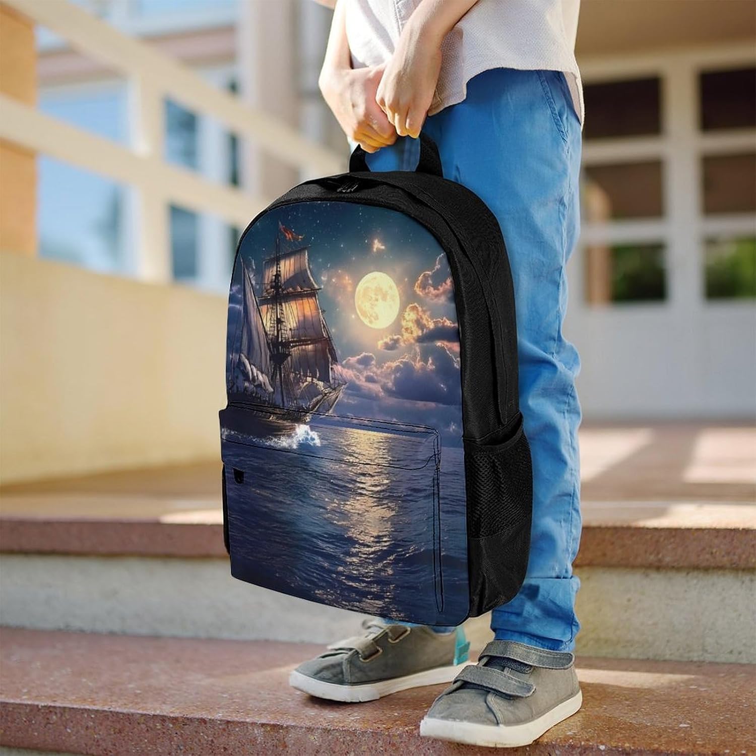 Boat Seascape And Moon in The Sky Laptop Backpack for Men Women Fashion Computer Bag Business Travel Daypack
