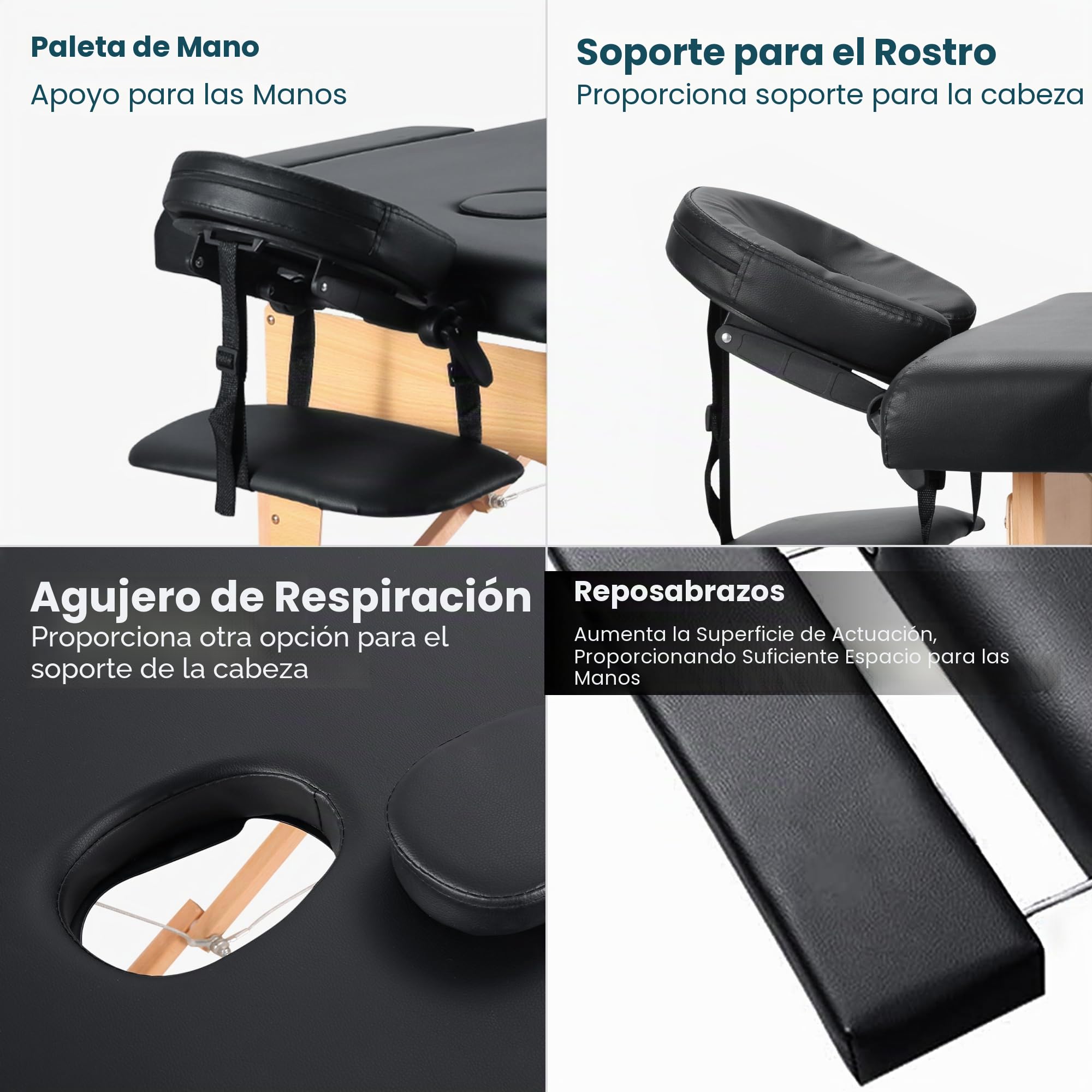 BODIOO Camilla de masaje plegable con patas de madera, 2 zonas, altura regulable, cama de masaje portátil, incluye reposacabezas y reposabrazos, soporta hasta 250 kg, color negro