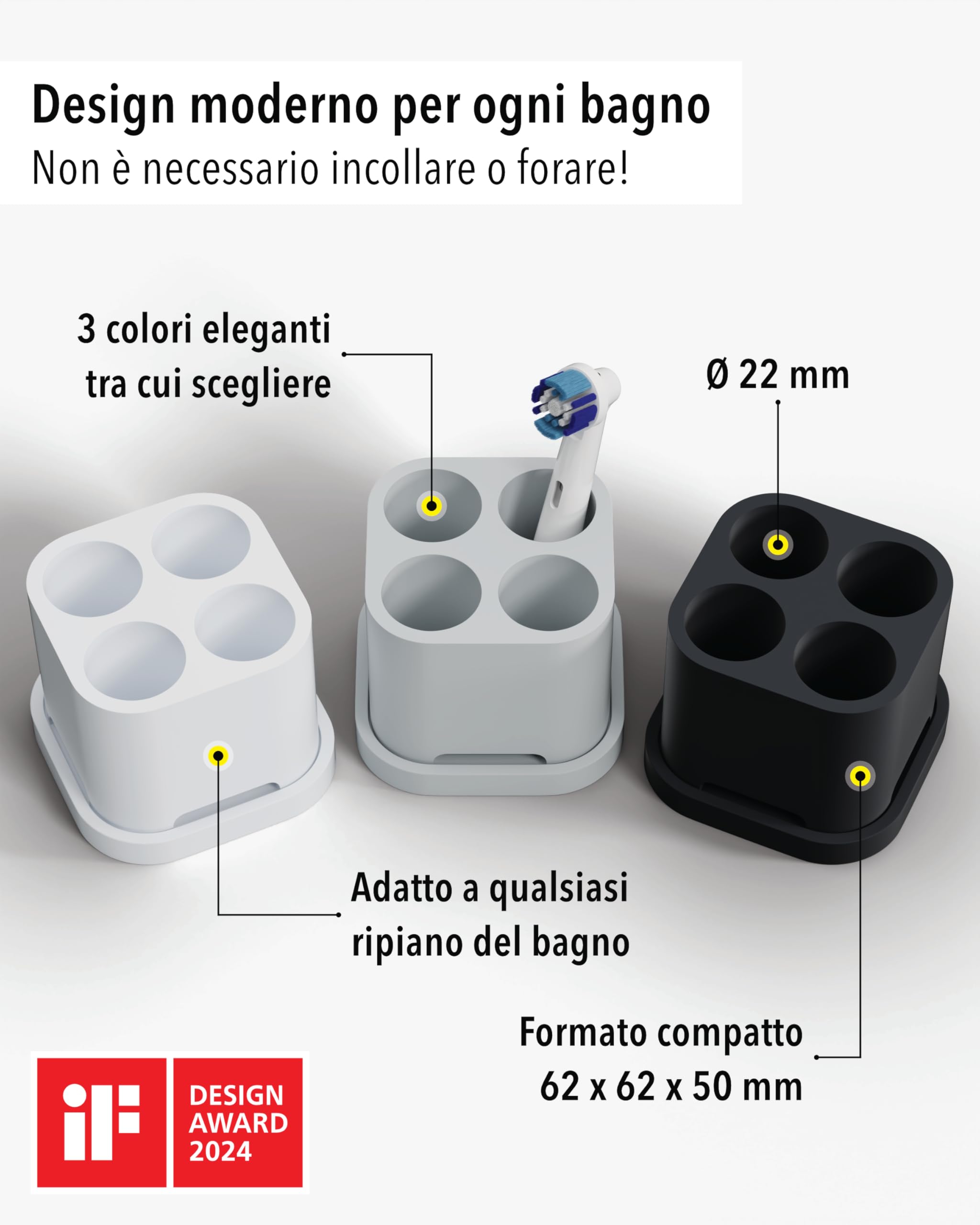 Qikfresh - Supporto per 4 testine e spazzolini elettrici - Compatibile con Oral-B, iO, Philips Sonicare, Waterpik, Fairywill - In silicone alimentare (Bianco)