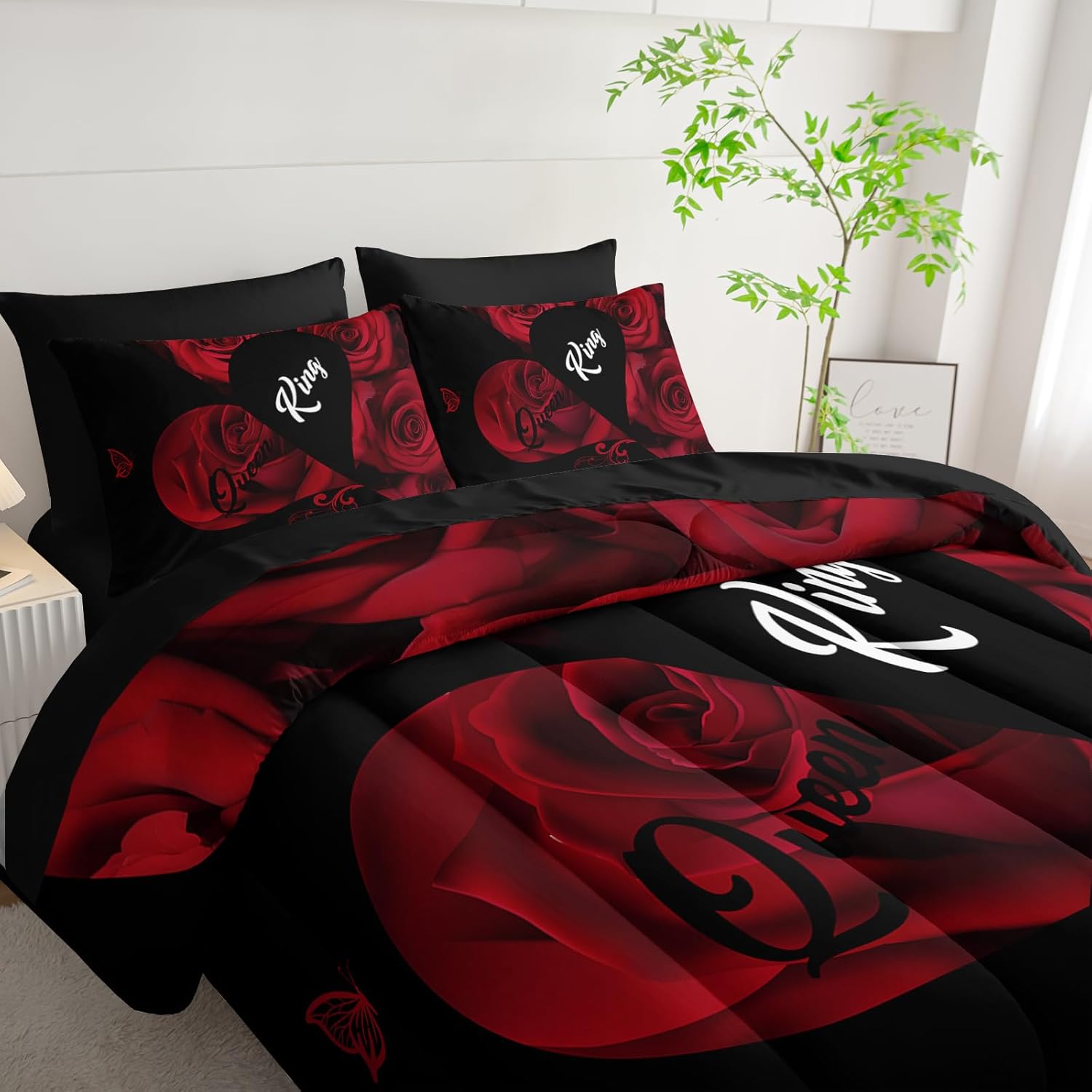 7 Piece Red and Black Rose King Comforter Set,King Quilt Bedding Set Rose,(1 Comforter, 1 Flat Sheet, 1 Fitted Sheet, 2 Pillowcase and 2 Pillow Sham) - Image 4