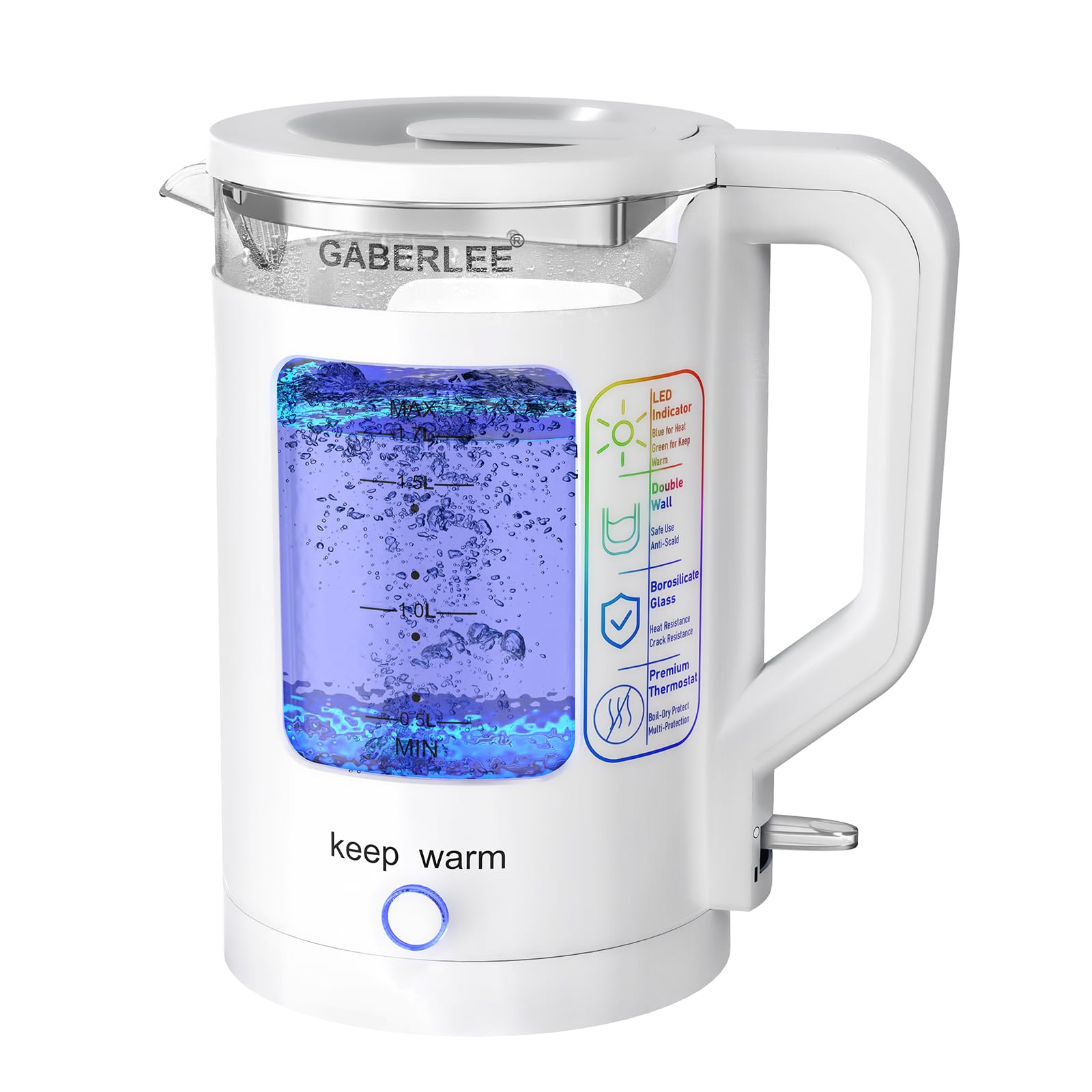 GABERLEE 3000W Fast Boil Quiet Electric 1.7L Glass Kettle with Blue LED