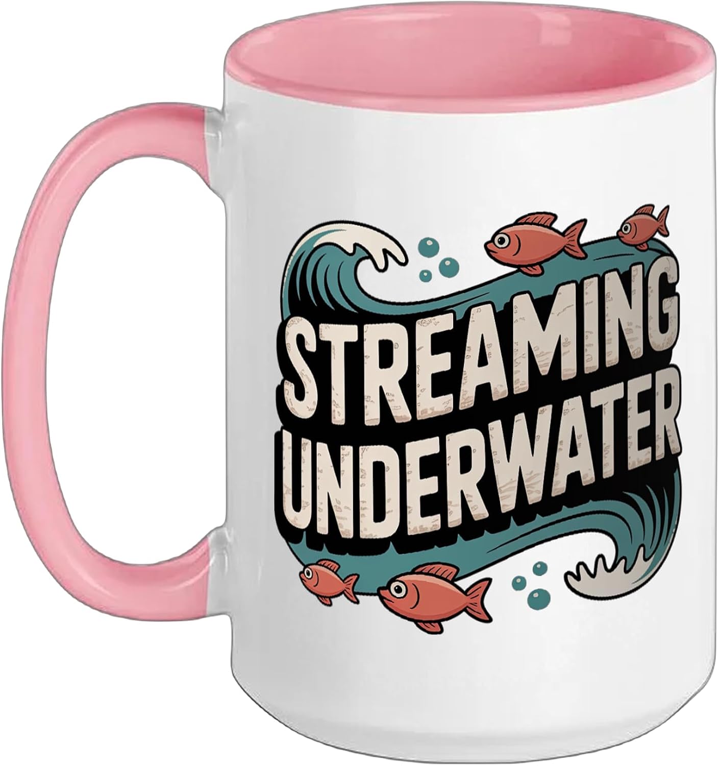 Streaming Underwater Gamer Fish with Headphones Ceramic Mug, Pink/White, 15oz