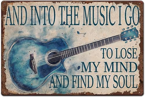 SUPERDANT Letreros de metal de guitarra azul con temática musical, letreros de lata vintage para guitarra y texto, arte de pared vintage, decoración