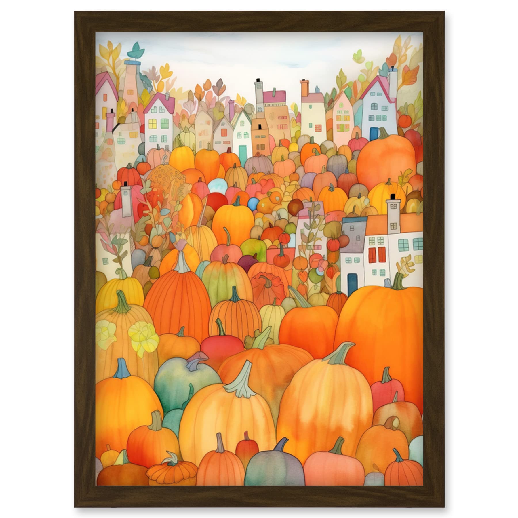 Artery8 Halloween Pumpkin Festival Autumn Harvest Modern Folk Art Watercolour Painting Artwork Framed Wall Art Print A4