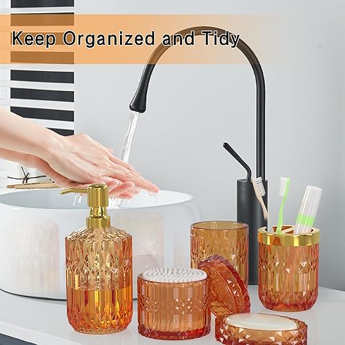 Miniatura 4 de Juego de 5 accesorios de baño naranja de alta calidad, moderno organizador de tocador de cristal para decoración de baño, dispensador de jabón de