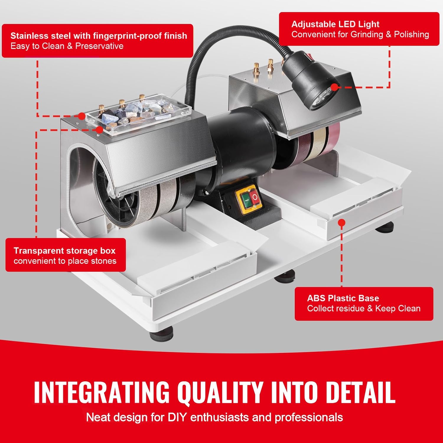 Gedetailleerd view of the Happybuy Cabbing Machine highlighting its design features: stainless steel body, adjustable LED light, transparent storage box, and ABS plastic base.