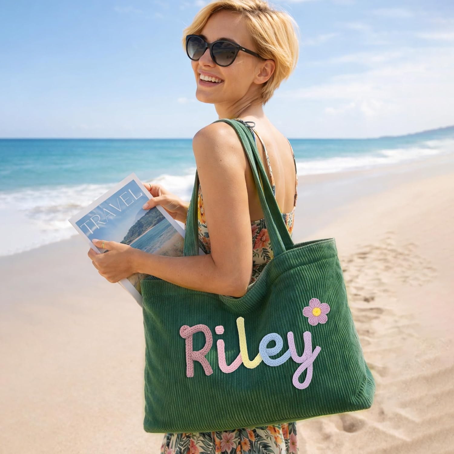KAINSY Personalized Corduroy Tote Bag for Women, Custom Shoulder Bag with Crochet Letter & Flower, Mother’s Day Birthday Gift