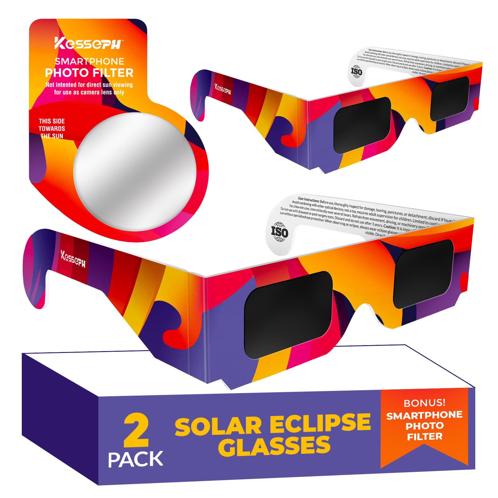 Sonnenfinsternis Brille Zugelassen 2026 2er-Pack ISO Zertifiziert Beobachtungsbrillen für die Sonnenfinsternis zur Direkten Sonnenbeobachtung Inklusive Smartphone Fotofilter Buntes Design
