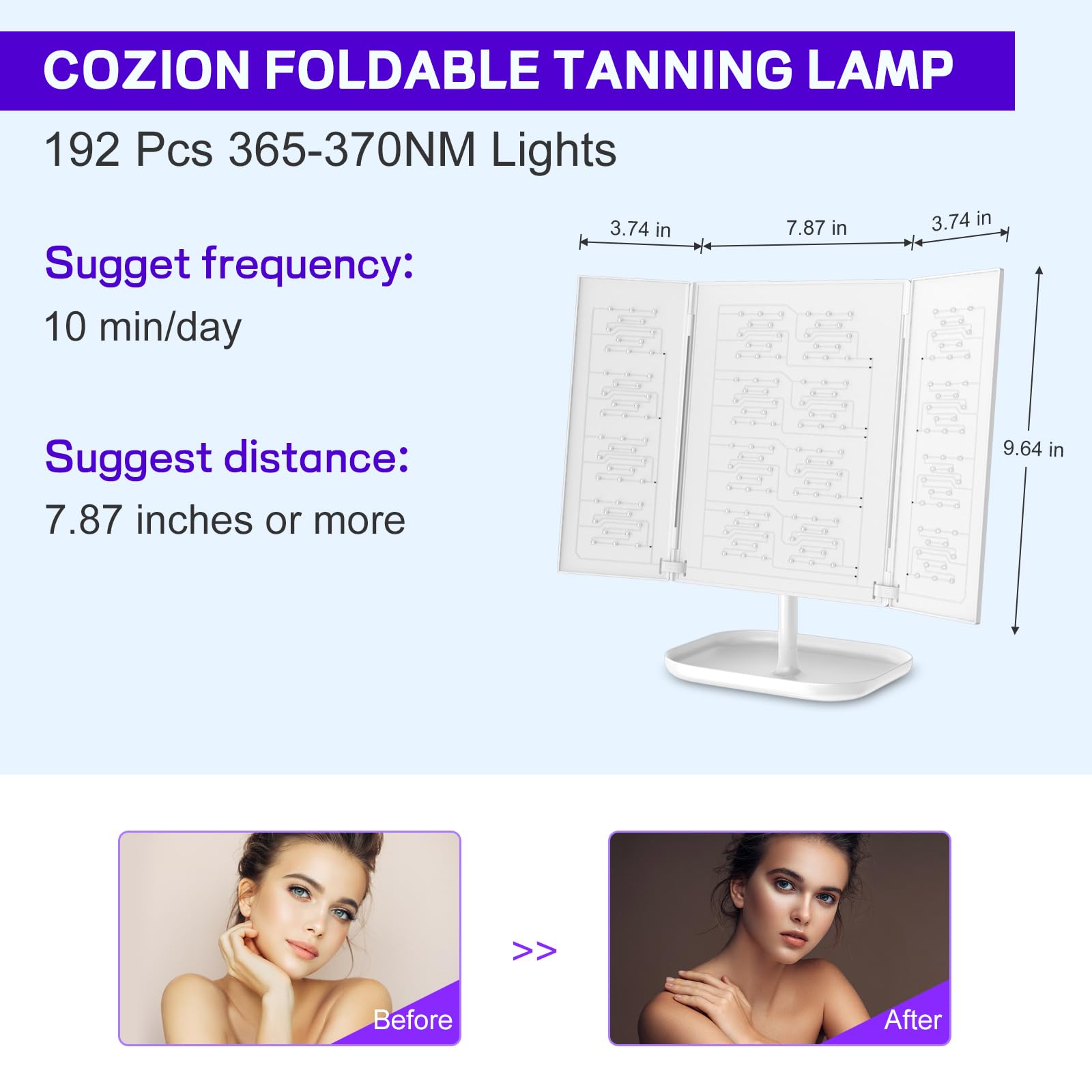 Cozion Lámpara de bronceado para el hogar, 24 W, lámpara de bronceado portátil con 192 LED, soporte ajustable, dispositivo plegable para cuerpo y cara