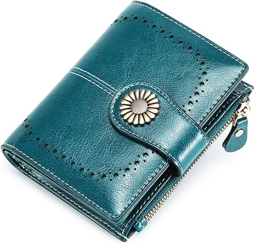 Miniatura 2 de Cartera de piel auténtica para mujer, con ventana de identificación, tarjeta de crédito, protección RFID, con caja de regalo, Azul, Bifold