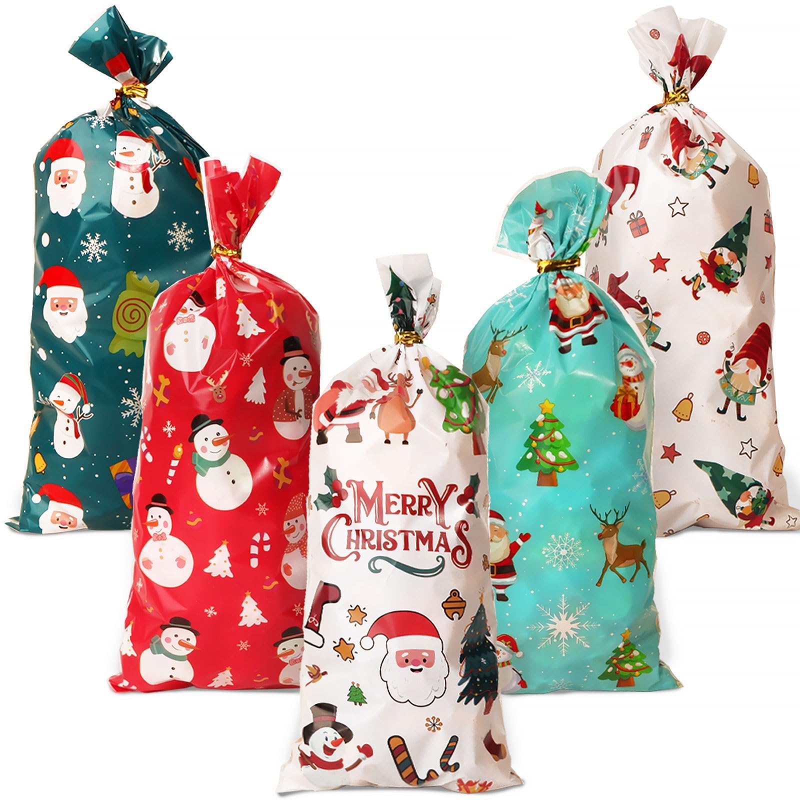 100 Sacchetti Regalo Di Natale In Cellophane – 12.5x27.5cm, 5 Design (Babbo Natale, Pupazzo, Renna) Con Twist Ties