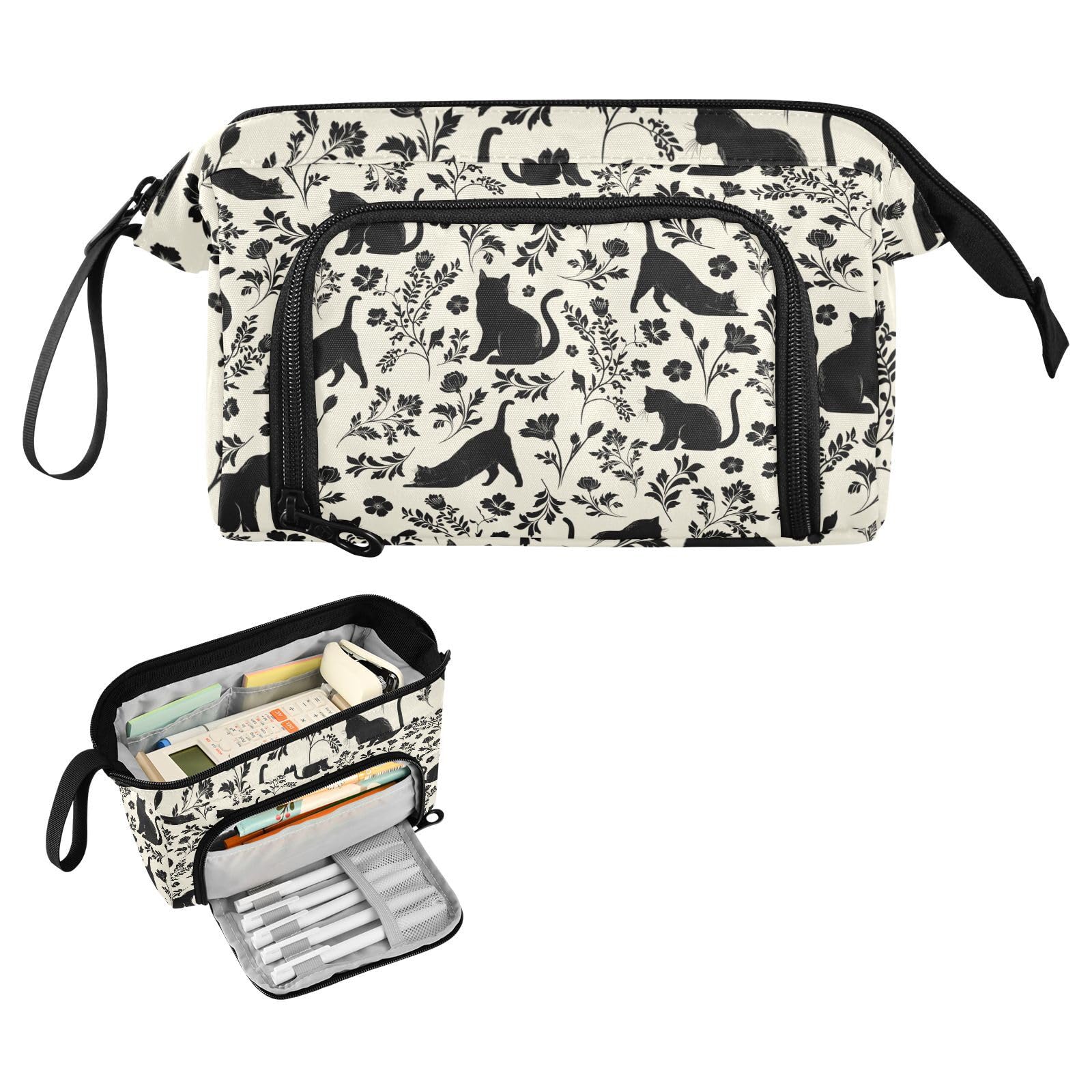 Flowers Cats Big Capacity Pencil Pen Case Large Pencil Pouch