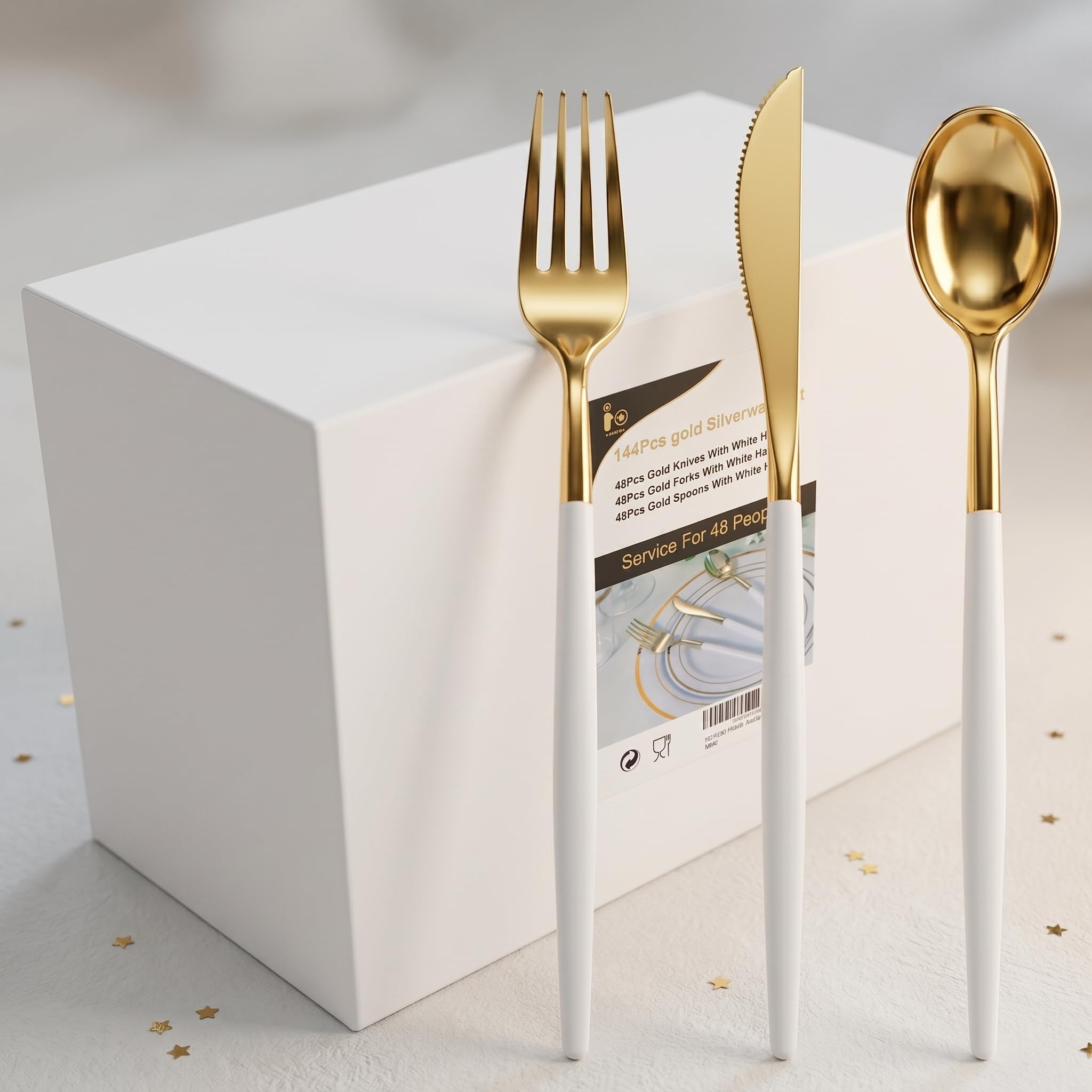 I00000 144 Gold Plastic Silverware, Disposable Silverware with White Handle