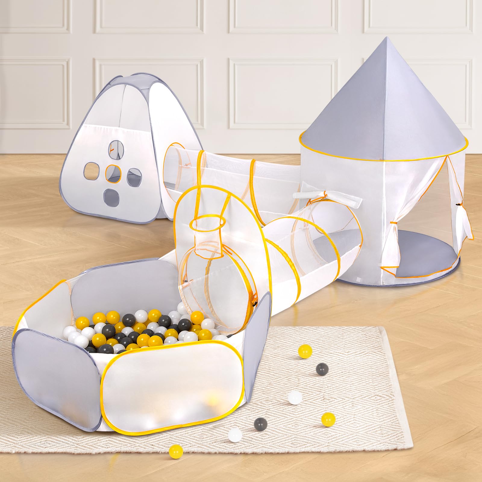 OOOK 5 PCS Play Tent with Tunnel and Ball Pit for Kids, Foldable Pop Up Tents Kids, Indoor & Outdoor Playground with Crawling Toys