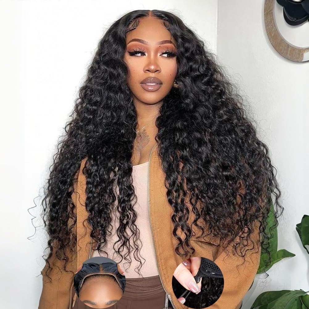 30 Inch Glueless Wigs Human Hair Pre Plucked Pre Cut 7×5 200 Density Deep Wave Lace Front Wigs Human Hair Drawstring Beginner Friendly Wear and Go Glueless Wig for Women Curly HD Lace Front Wig