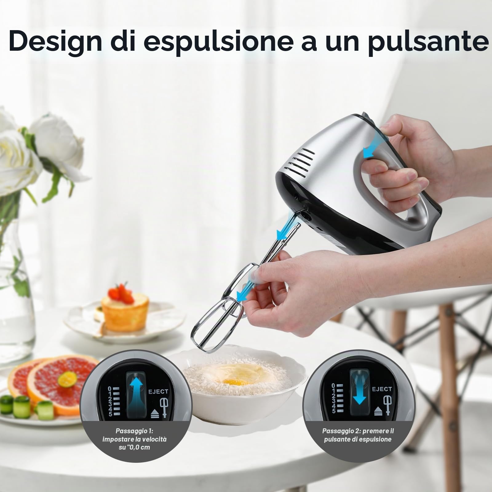 Lychee Frullatore Elettrico Anti-Spruzzo, Frusta a Mano con 5 Velocità e Turbo, Con Base di Stoccaggio, 6 Accessori in Acciaio Inox, Frullatore Elettrico per Cucina e Cottura, 300W