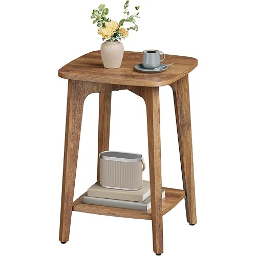 VASAGLE Side Table, Small Square End Table with Lower Shelf, Nightstand for Small Spaces, Living Room, Bedroom, Honey Brown ULET236K01