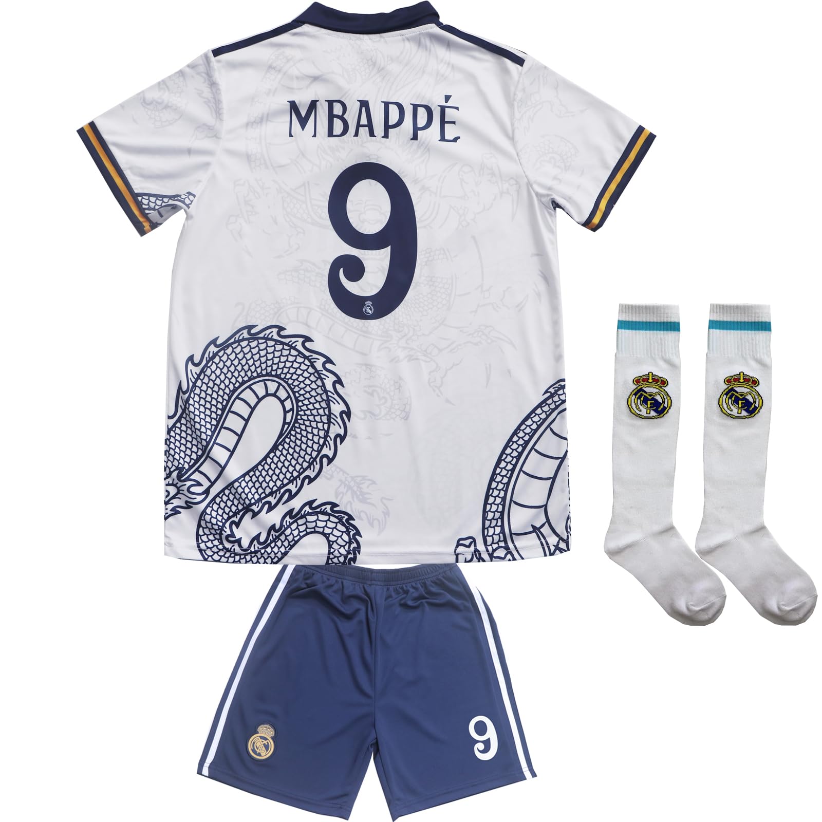 LeenBD Kylian No #9 Madrid Special White Dragoon Edition Kids Soccer Jersey Shirts Football Futbol Socks Set Youth Sizes