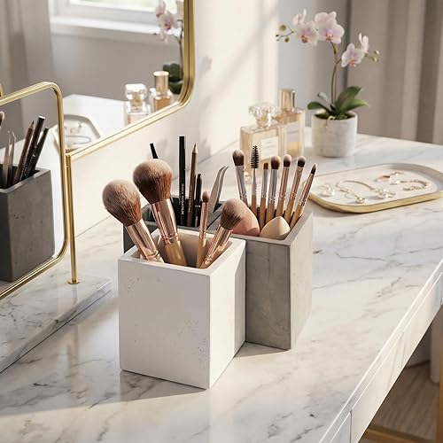 Miniatura 5 de MyGift Soporte para Bolígrafos y Lápices para Escritorio, Porta Lápices para Escritorio, Taza de Lápices de Escritorio de Concreto, Tono Gris