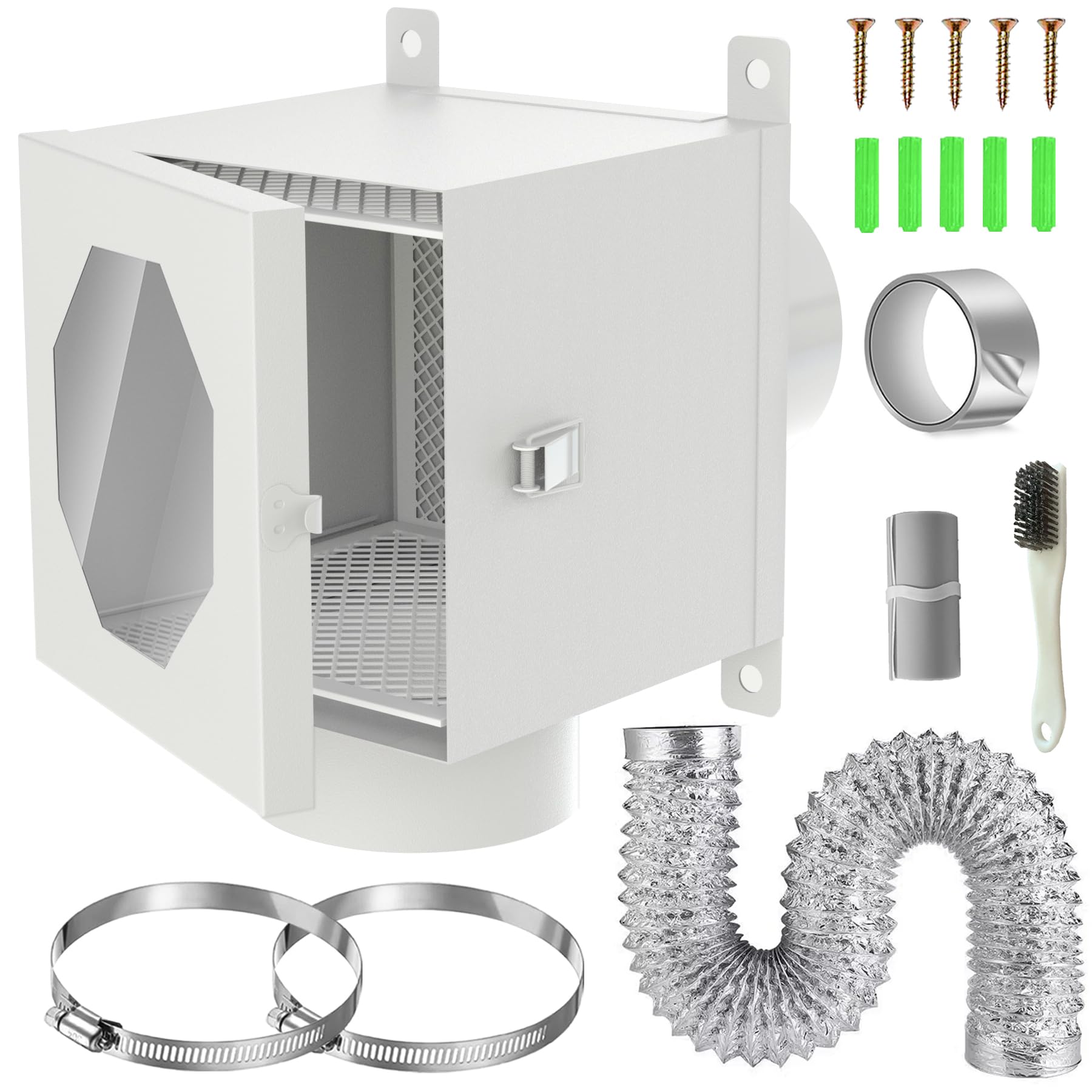 Piège à peluches pour sèche-linge intérieur avec kit évacuation tuyau alu et brosse nettoyage