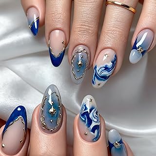 30 Stück French Mittel Mandel Press on Nail - Kunstnägel zum aufkleben Blue Wave Pattern, Metal edge Design mit Jelly Gel, Wiederverwendbar Full Cover fingernägel - Geeignet DIY Nageldesign für Frauen