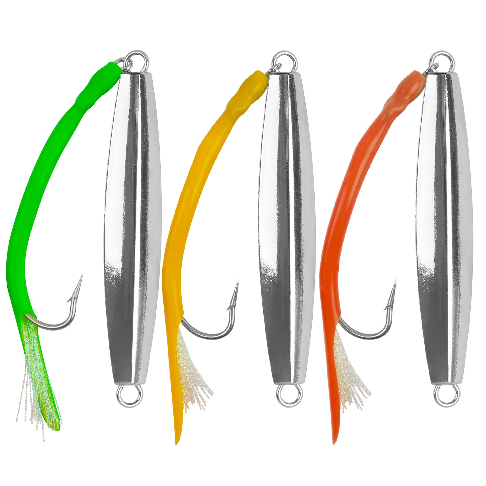 Saltwater Fishing Lures Diamond Jigging Spoons 3pcs Metal Jigs with Tube Tail Hooks Sea Casting Spinners Trolling Lure Fishing Spoon Lures for Deep Sea Surf Fish Tuna Bass (4oz-3pcs)