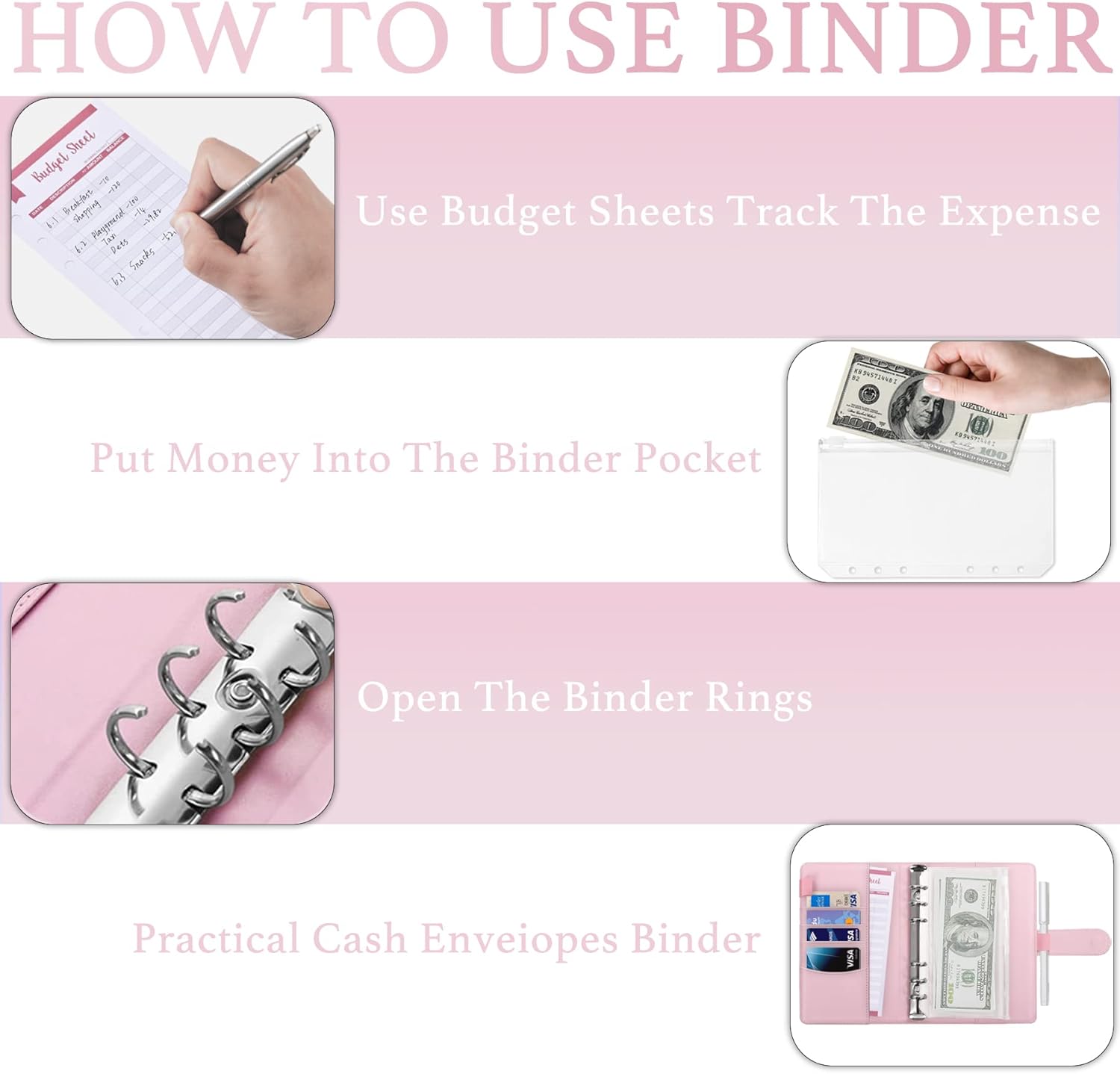 Anahimus Budget Binder, A6 PU Leather Savings Binder with 8Pcs Zipper Envelopes,12Pcs Expense Budget Sheets & 2 Types of Sticker Labels,Money Organizer Binder for Cash ,Glitter Rose : Office Products