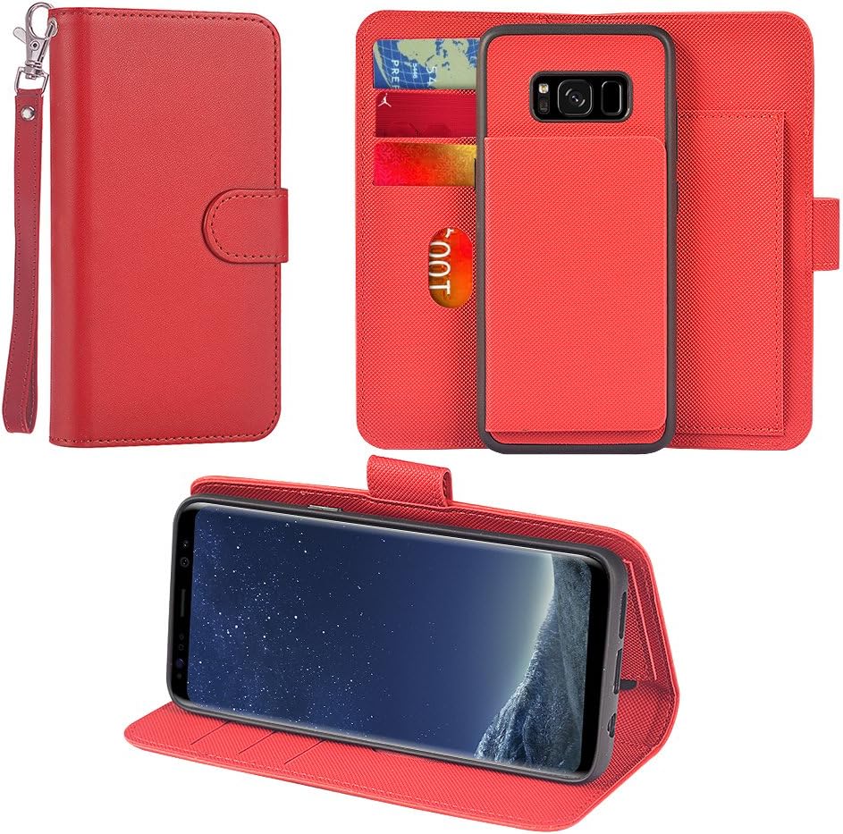 UrSpeedtekLive Galaxy S8 Plus/S8+ Detachable Wallet Case, Premium Vegan Leather Folio Flip Kickstand Case Cover with Card Slot, Wrist Strap, Magnetic Closure for Samsung Galaxy S8 Plus(2017),Red