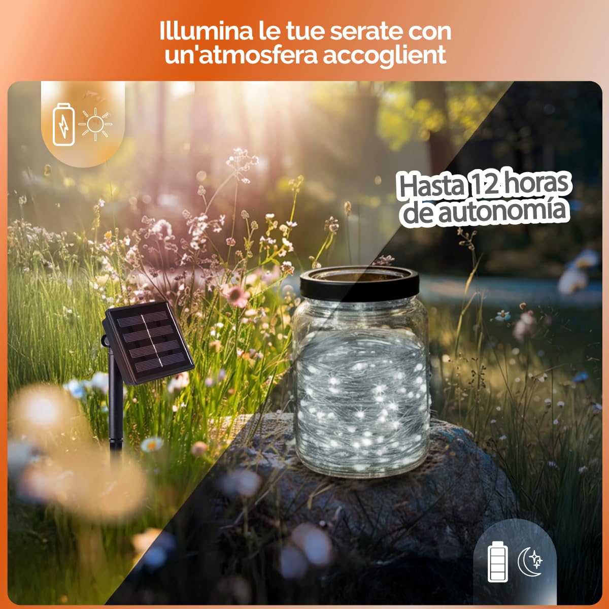 Linxor - Lote de 4 guirnaldas solares exteriores para jardín y terraza - Bombillas LED con 8 modos - 22 m - Blanco frío