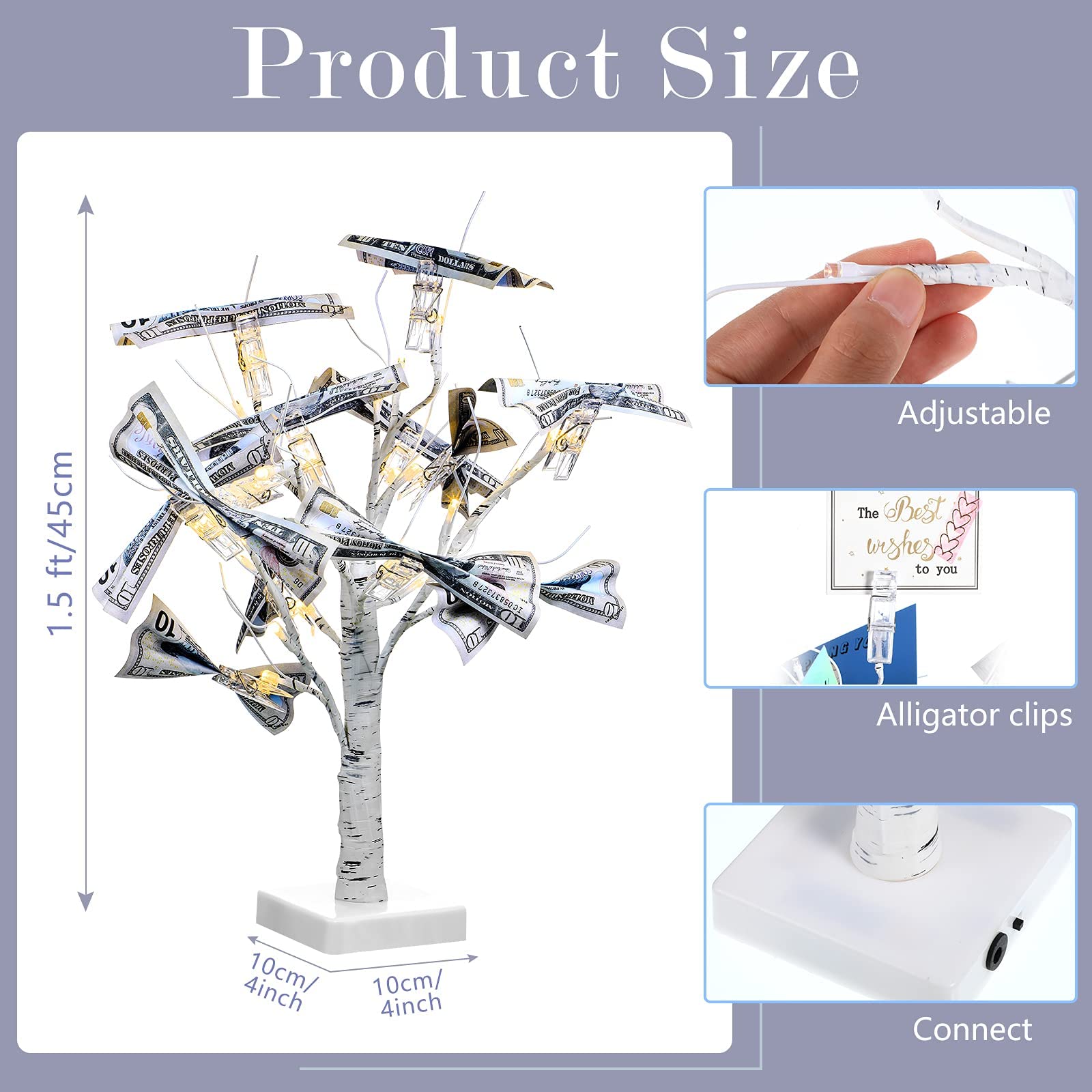 Money Holder Tree Present Card Holder, LED Birch Twig Tree Lights Tabletop, Display Tree with 12 Clear Clips for Christmas, Memo, Present Card, Photo, Wedding, Birthday (White)