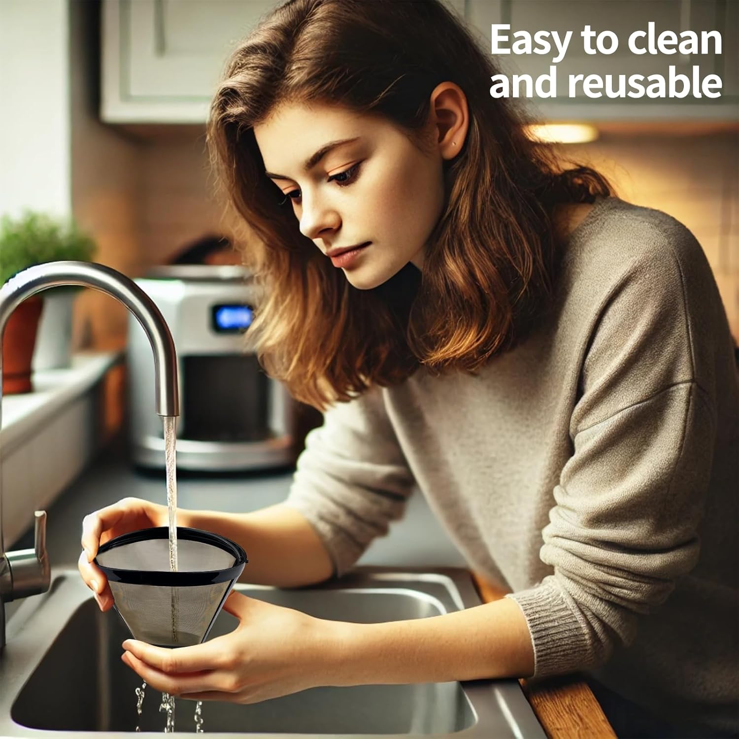 2 Pieces Reusable Coffee Filter, Universal Coffee Filter, Permanent Stainless Steel Reusable, Fine Net with Handle for Coffee Size 4 (Black)