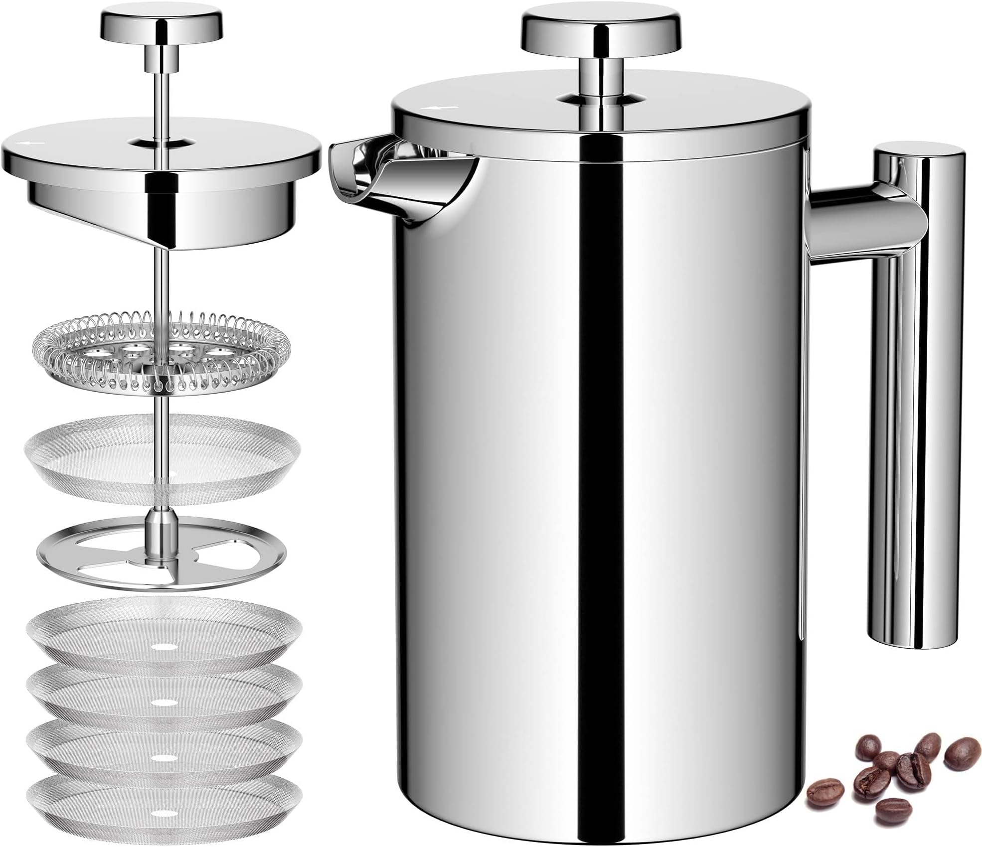Miuly 21oz Stainless Steel French Press Coffee Maker 600ml Coffee Press with 3 Stage Filtration System, Double Wall Insulated French Press with 4 Filters and 1 Metal Spoon