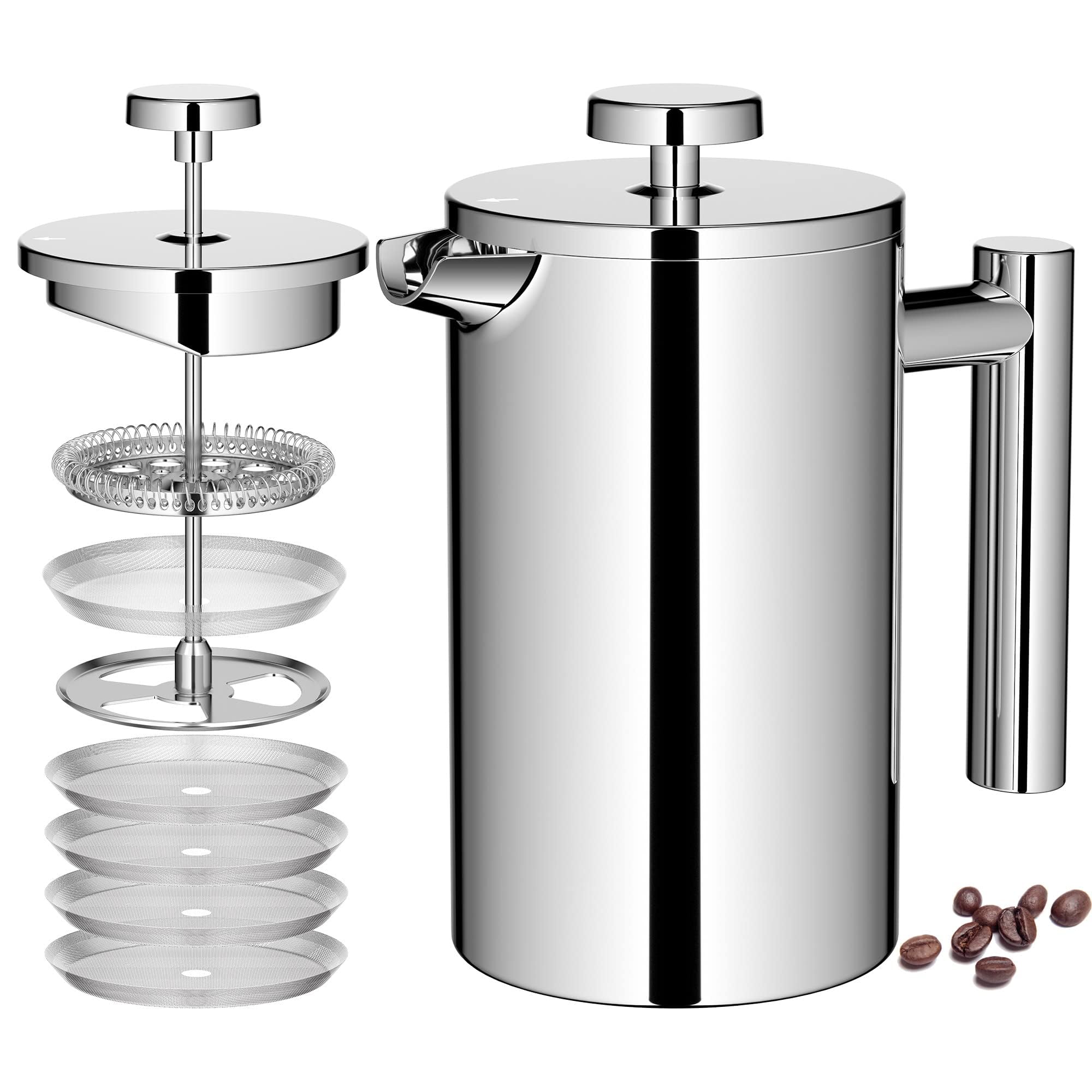 Miuly 21oz Stainless Steel French Press Coffee Maker 600ml Coffee Press with 3 Stage Filtration System, Double Wall Insulated French Press with 4 Filters and 1 Metal Spoon