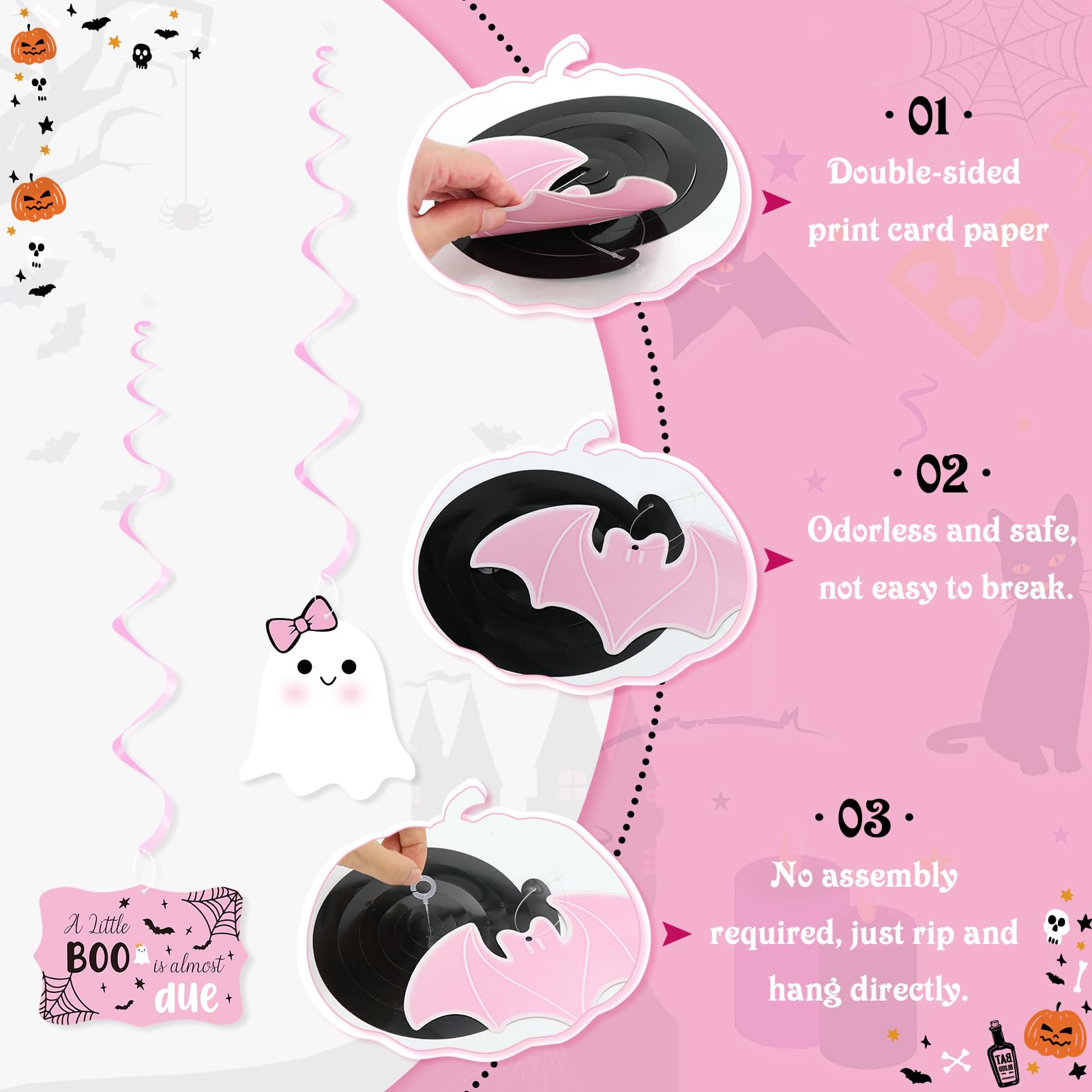 K KUMEED Halloween Baby Shower Decorations, 20 pcs Blue A Little Boo is Almost Due Hanging Swirl Decorations for boys,Cute Bat Foil Swirls Ceiling for Outdoor Indoor Decor Halloween Baby Shower Party