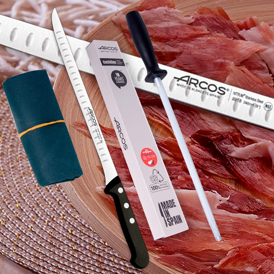 Arcos | Ensemble de 3 couteaux à jambon | Couteau à jambon en acier inoxydable Nitrum, affûteur et étui | Set de couteaux à jambon | Couteau à jambon professionnel | Écologique | Fabriqué en Espagne