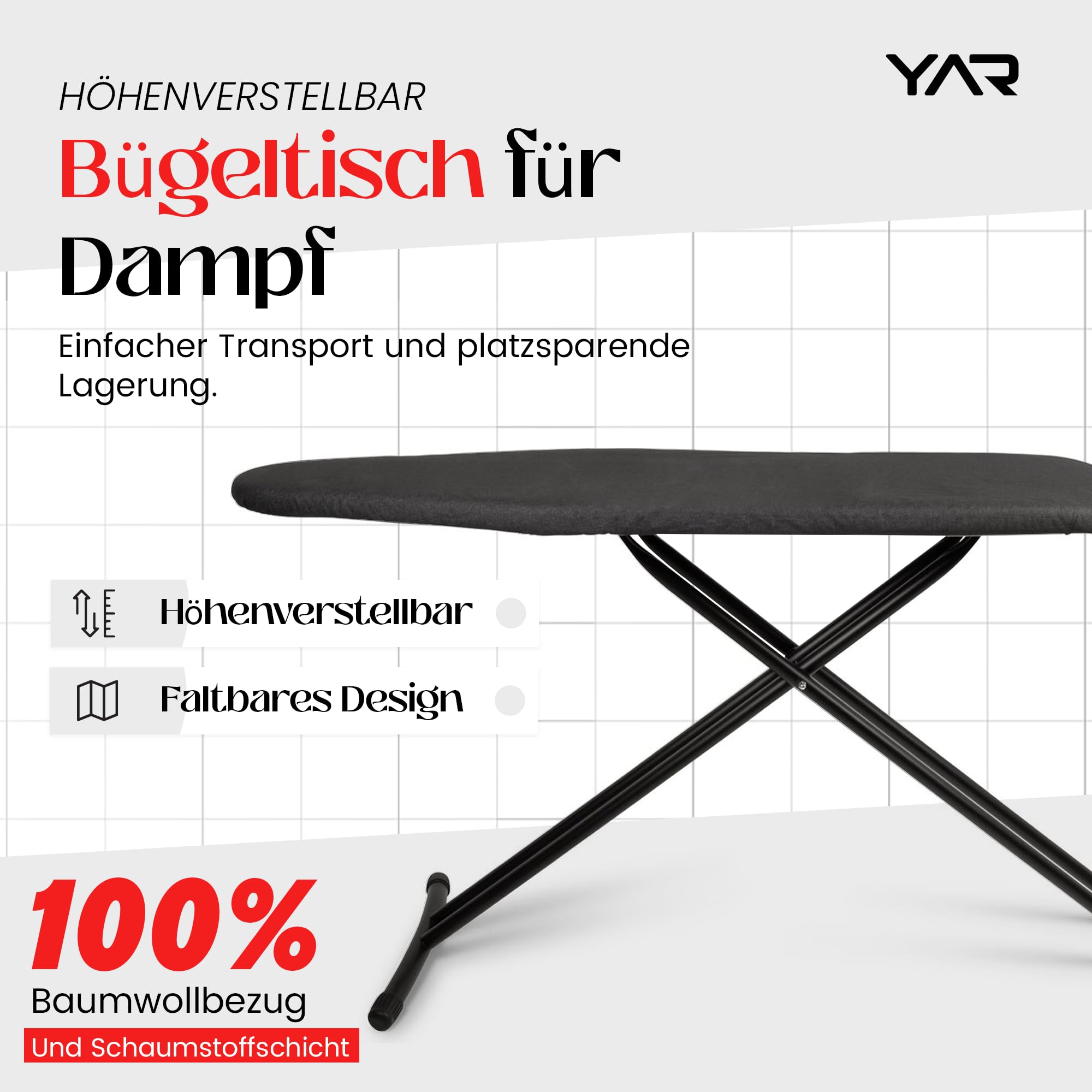 YAR Bügelbrett - Klappständer Bügeltisch für Bügelstation mit Bügeleisenablage, Höhenverstellung, Leicht & Stabil, platzsparend Ironing Board geeignet für Dampfbügelstation, 120x40 cm